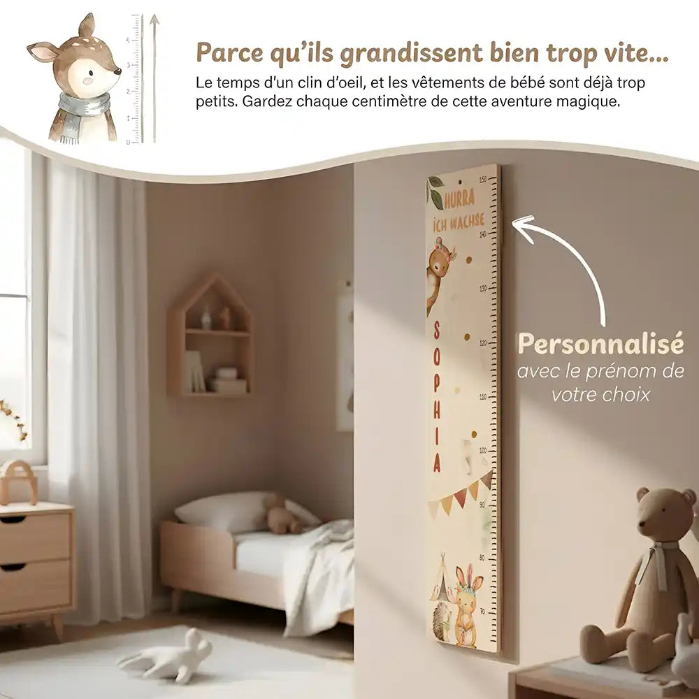 Toise enfant personnalisée Animaux de la jungle – vue principale avec prénom et date de naissance imprimés