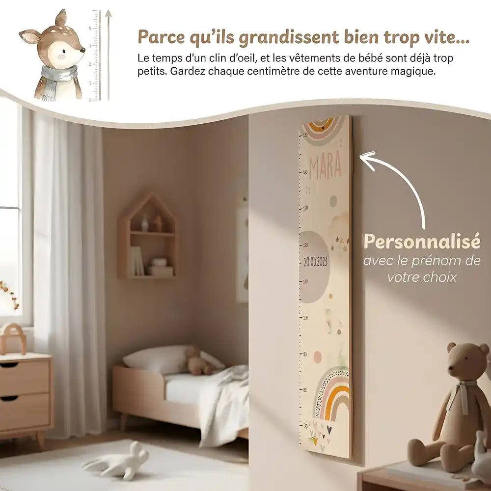 Toise enfant personnalisée Arc-en-ciel pastel – vue principale avec prénom et date de naissance imprimés