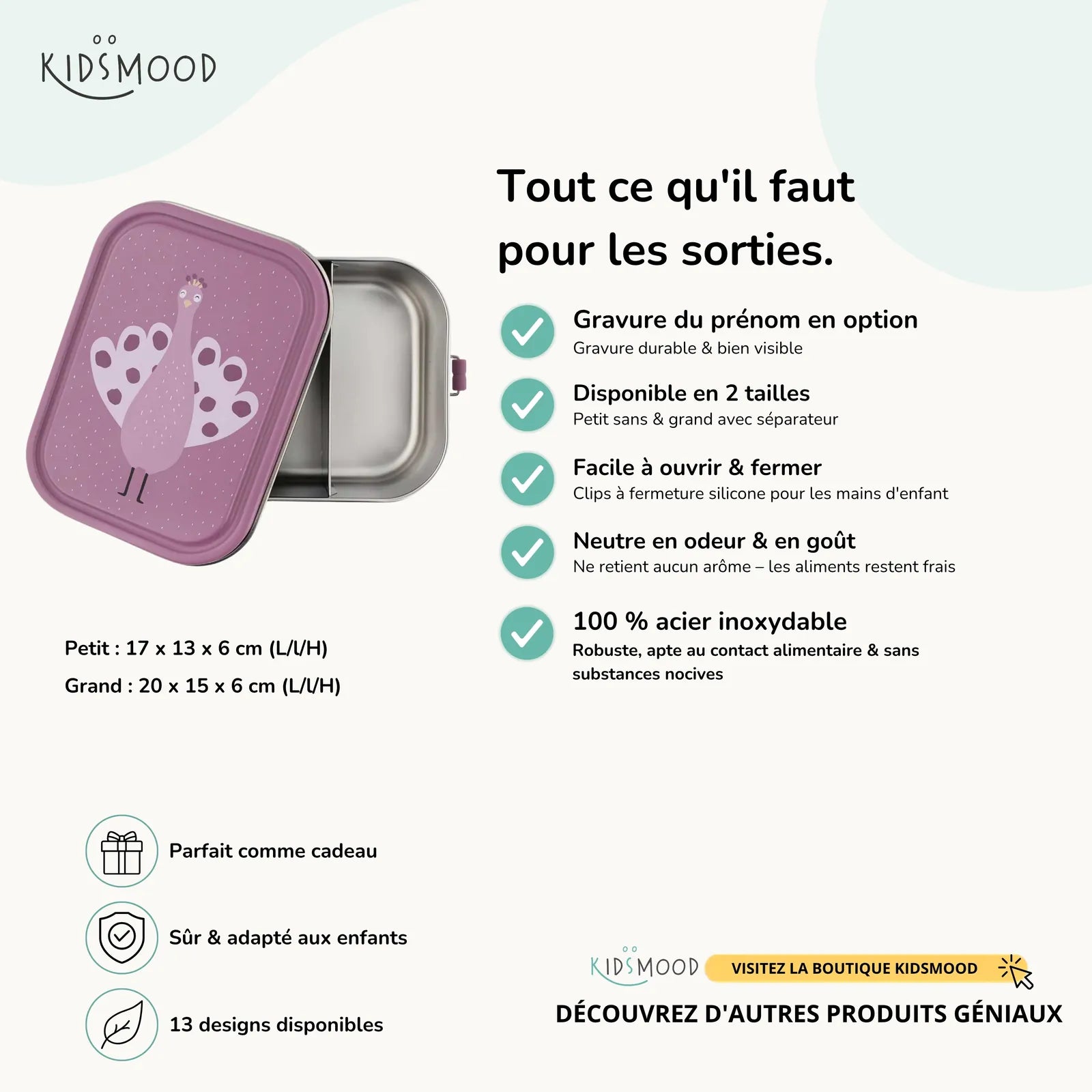 Boîte à goûter inox enfant Trixie Paon, prénom en option — Kidsmood