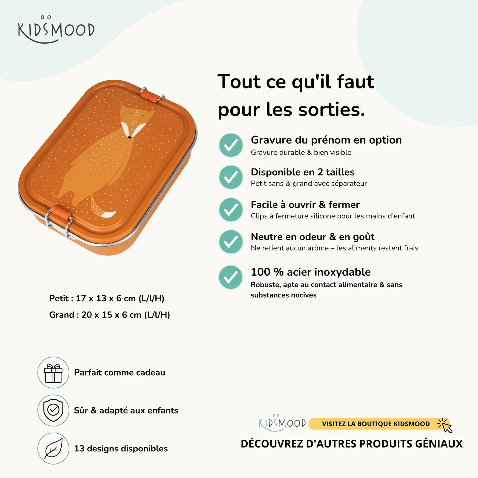 Boîte à goûter inox enfant Trixie Renard, prénom en option — Kidsmood