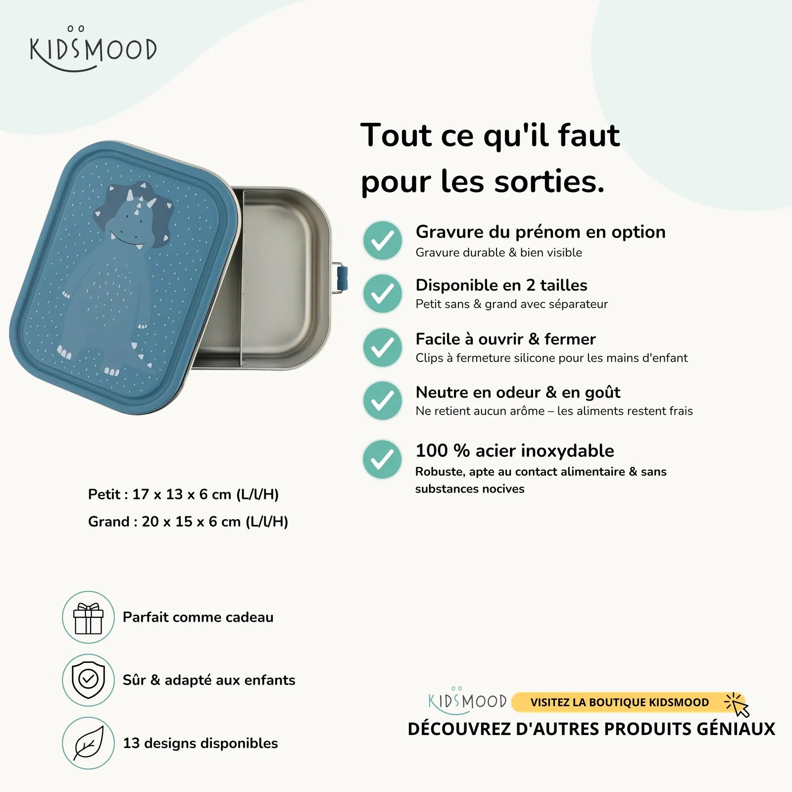 Boîte à goûter inox enfant Trixie Tricératops, prénom en option — Kidsmood
