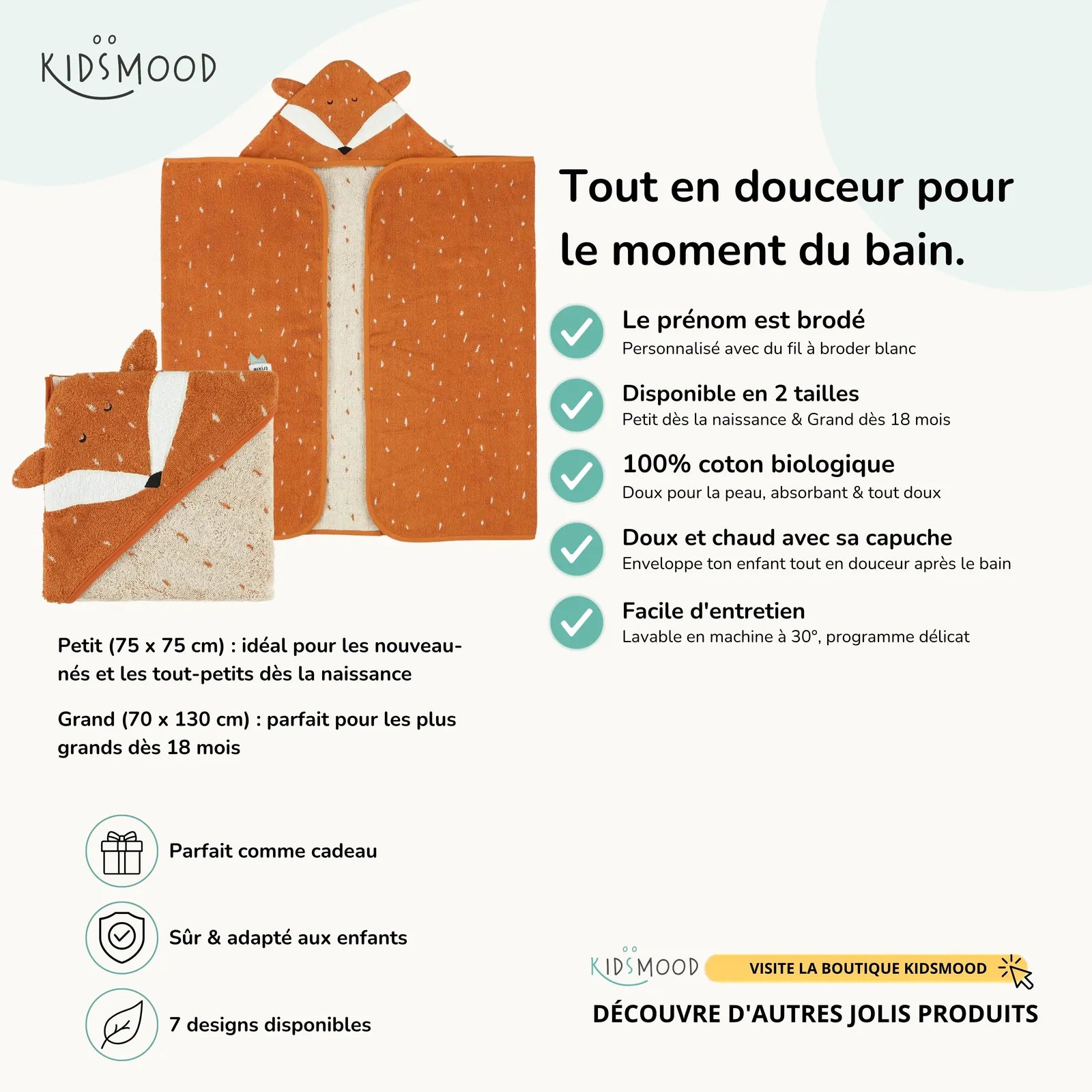 Cape de bain bébé Trixie Renard personnalisée, prénom brodé — Kidsmood