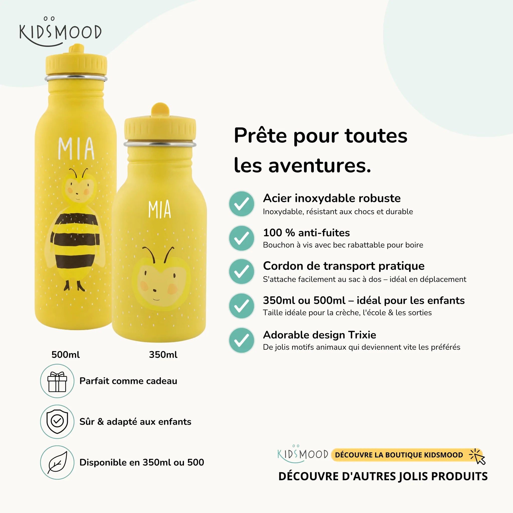 Gourde enfant Trixie inox motif Abeille, prénom gravé, 350 et 500 ml — Kidsmood