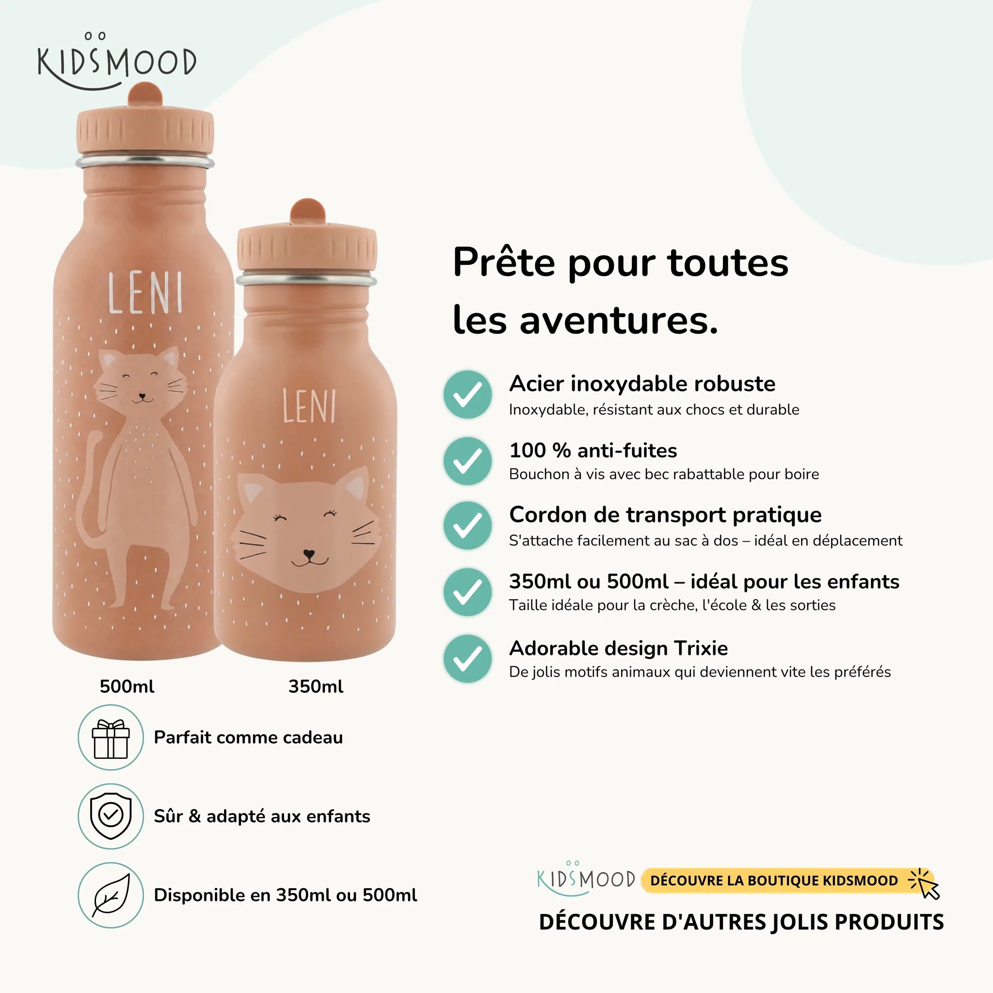 Gourde enfant Trixie inox motif Chat, prénom gravé, 350 et 500 ml — Kidsmood