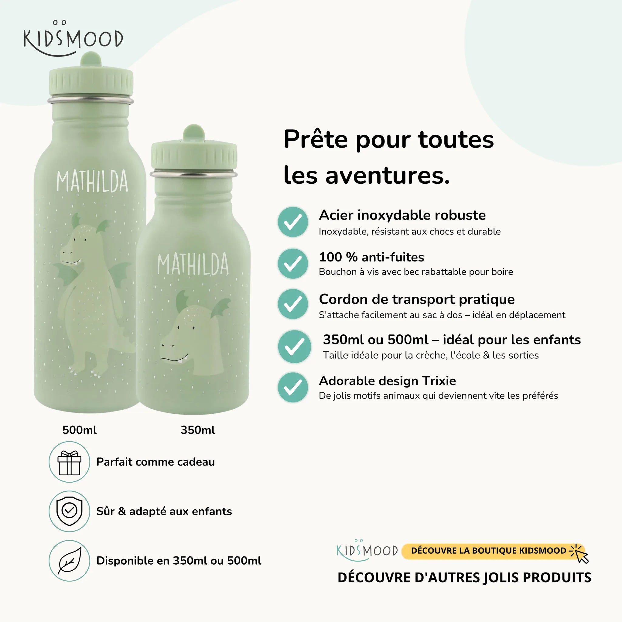 Gourde enfant Trixie inox motif Dragon, prénom gravé, 350 et 500 ml — Kidsmood