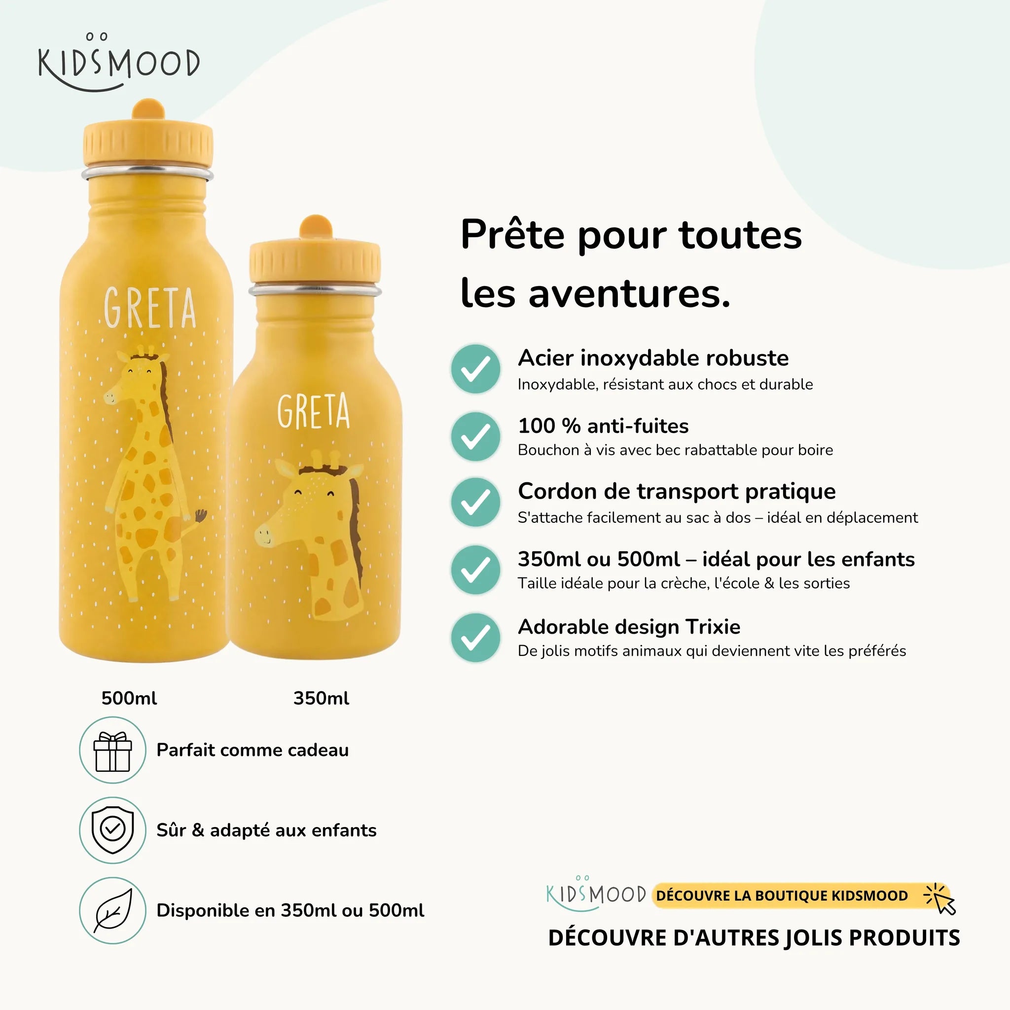 Gourde enfant Trixie inox motif Girafe, prénom gravé, 350 et 500 ml — Kidsmood