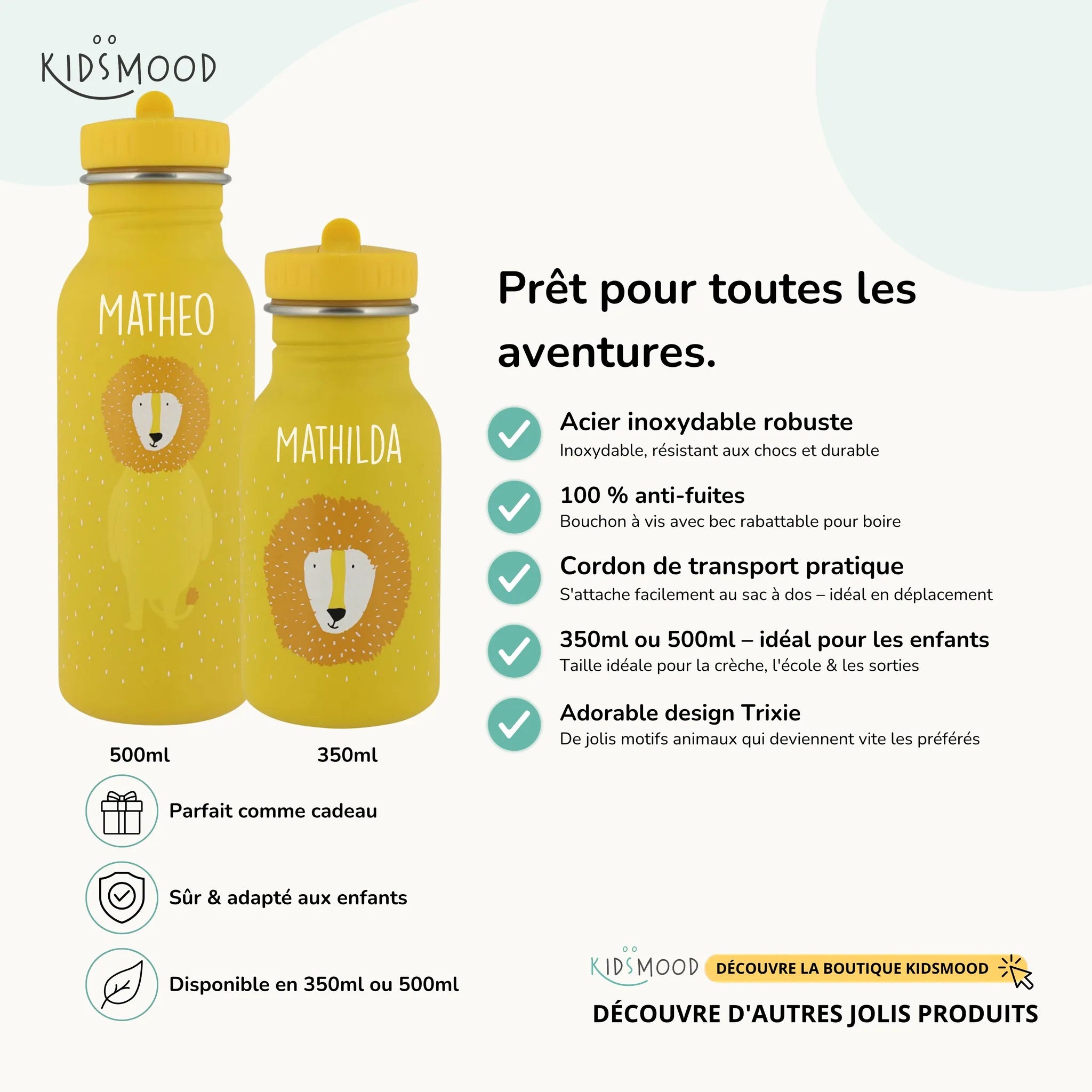 Gourde enfant Trixie inox motif Lion, prénom gravé, 350 et 500 ml — Kidsmood