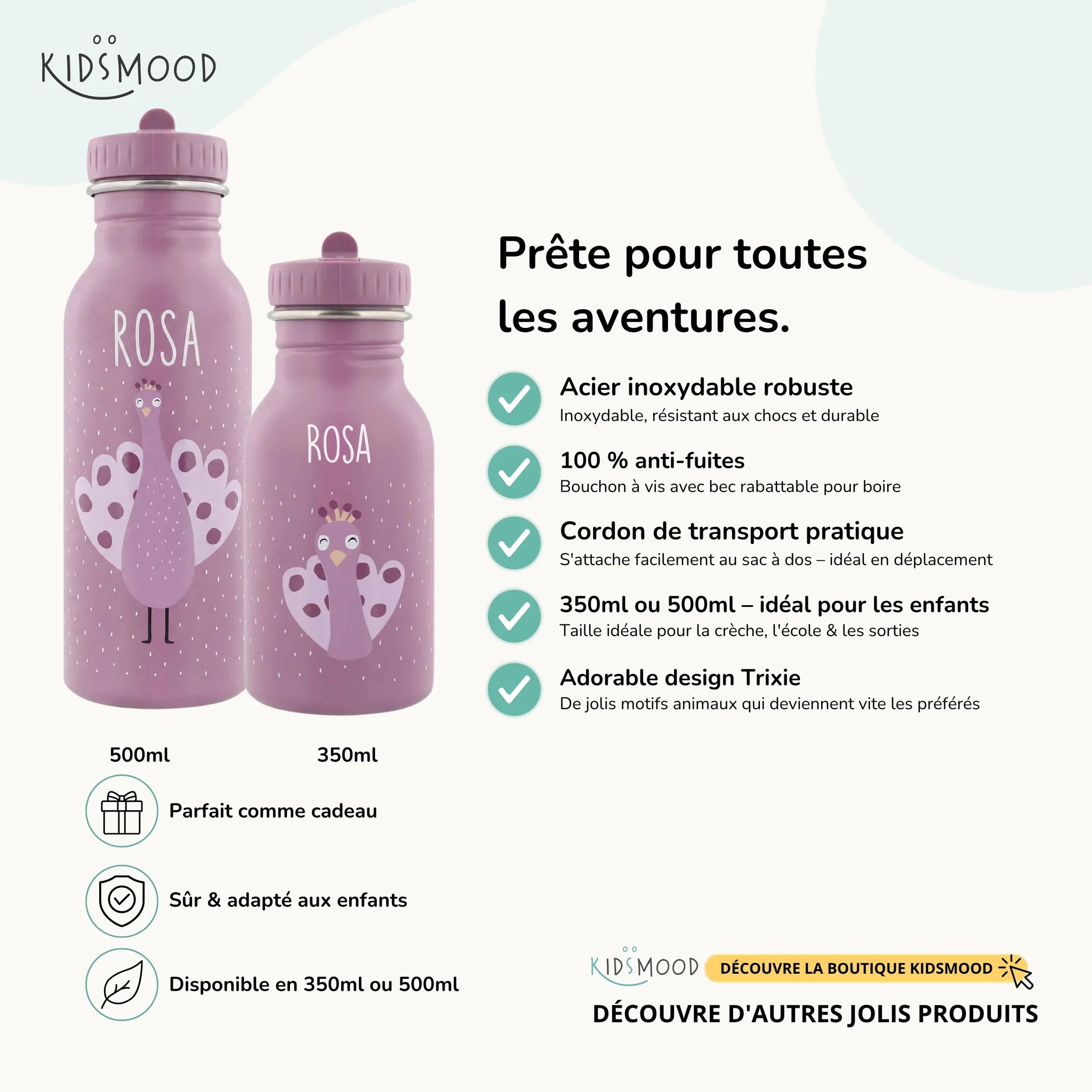 Gourde enfant Trixie inox motif Paon, prénom gravé, 350 et 500 ml — Kidsmood