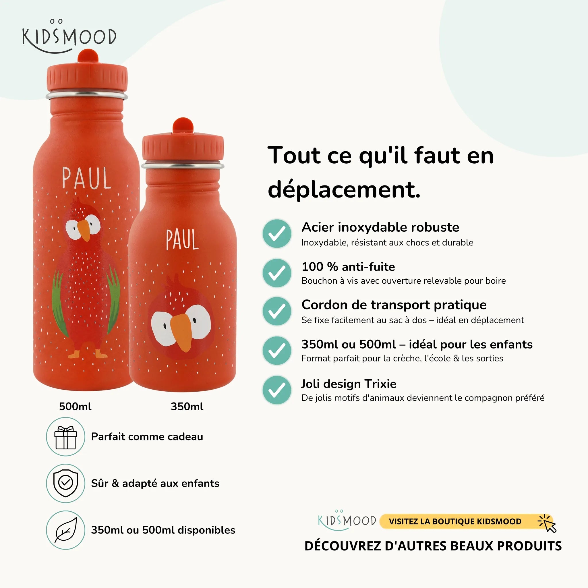 Gourde enfant Trixie inox motif Perroquet, prénom gravé, 350 et 500 ml — Kidsmood