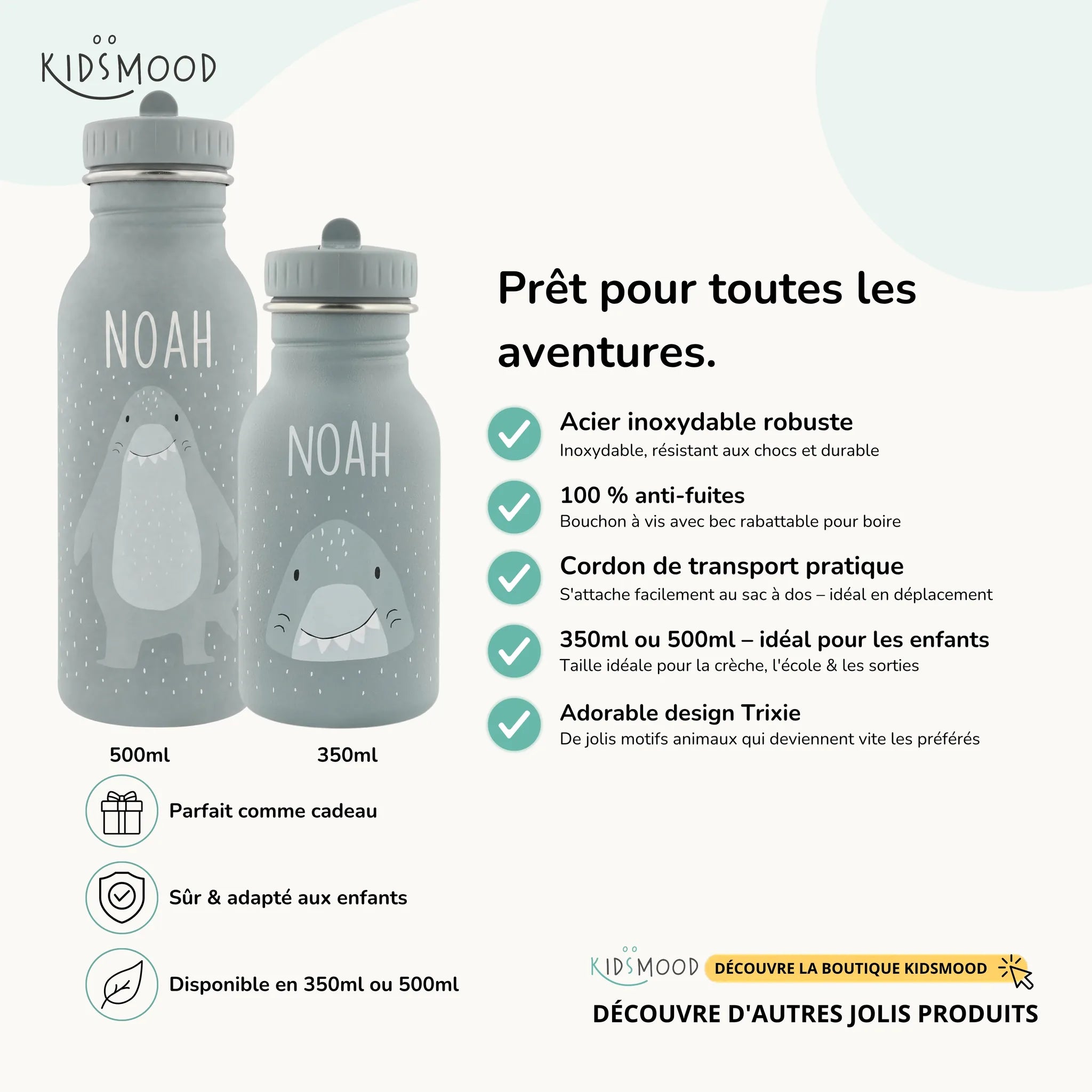 Gourde enfant Trixie inox motif Requin, prénom gravé, 350 et 500 ml — Kidsmood