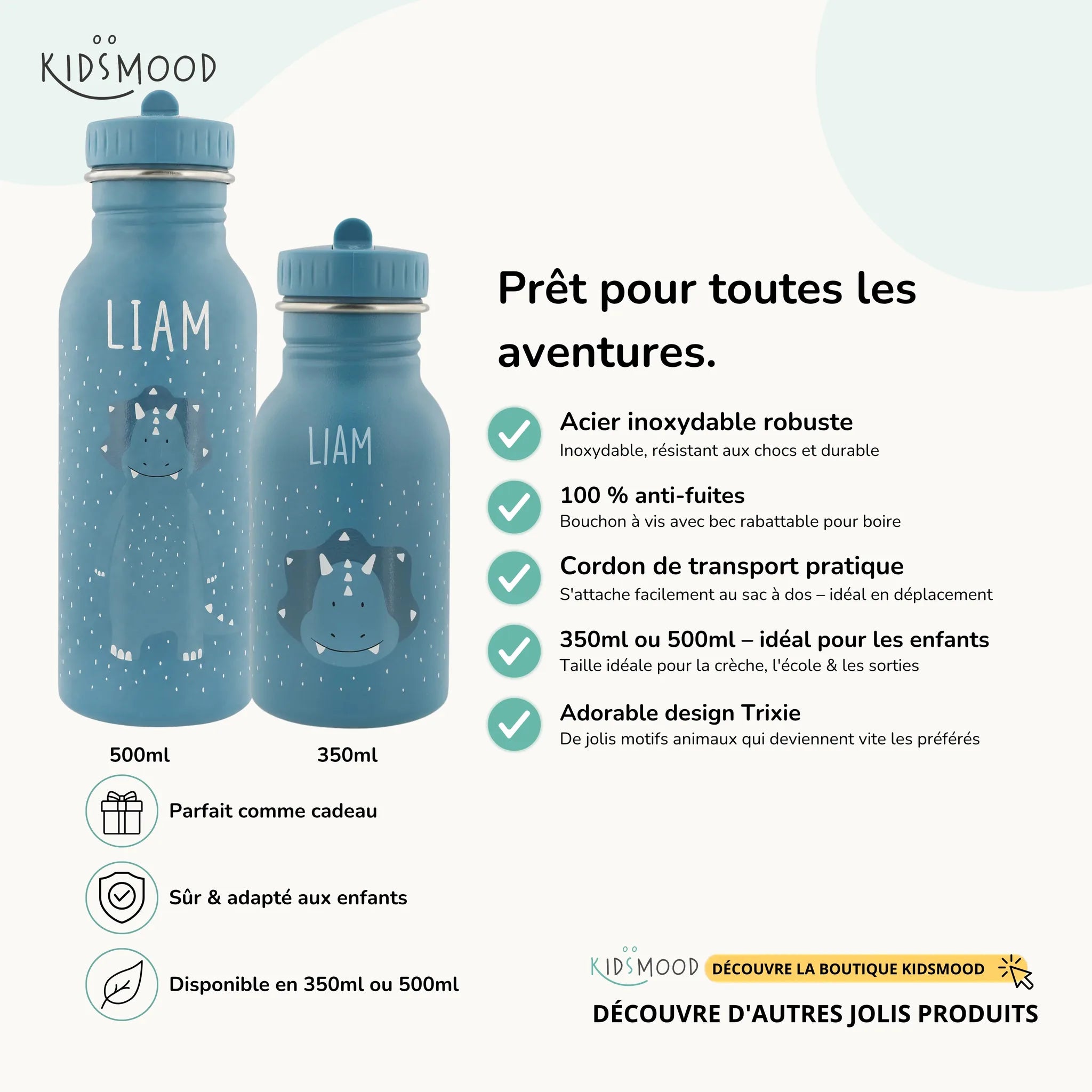 Gourde enfant Trixie inox motif Tricératops, prénom gravé, 350 et 500 ml — Kidsmood