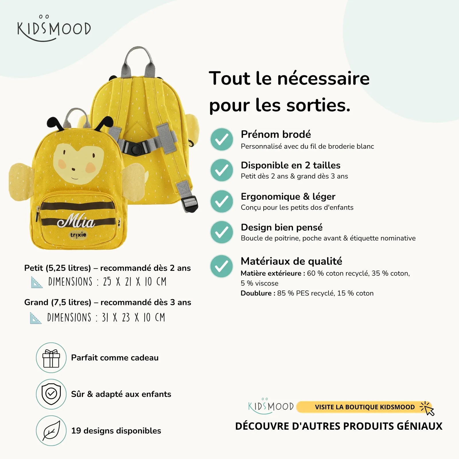 Sac à dos maternelle Trixie Abeille personnalisé, prénom brodé — Kidsmood