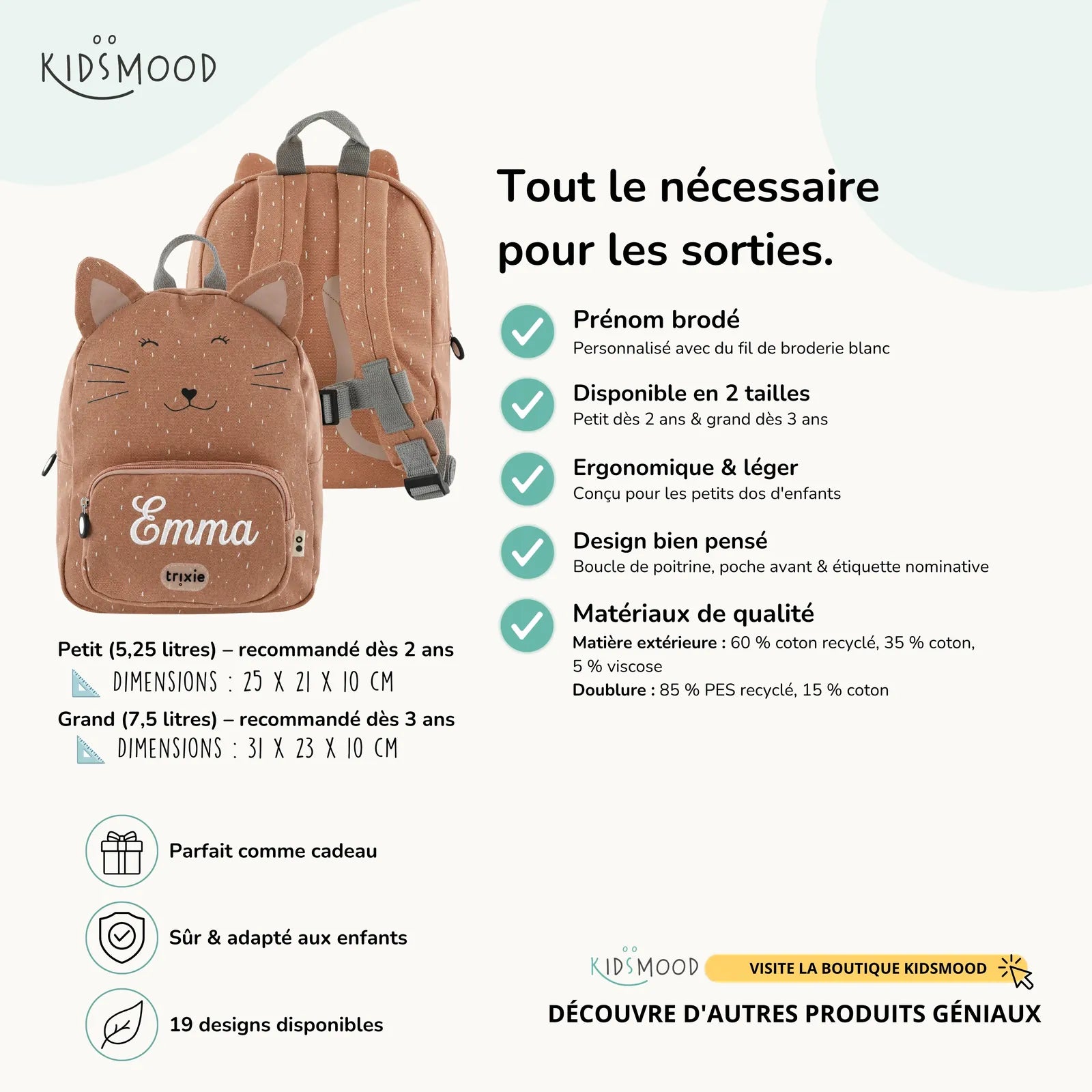 Sac à dos maternelle Trixie Chat personnalisé, prénom brodé — Kidsmood
