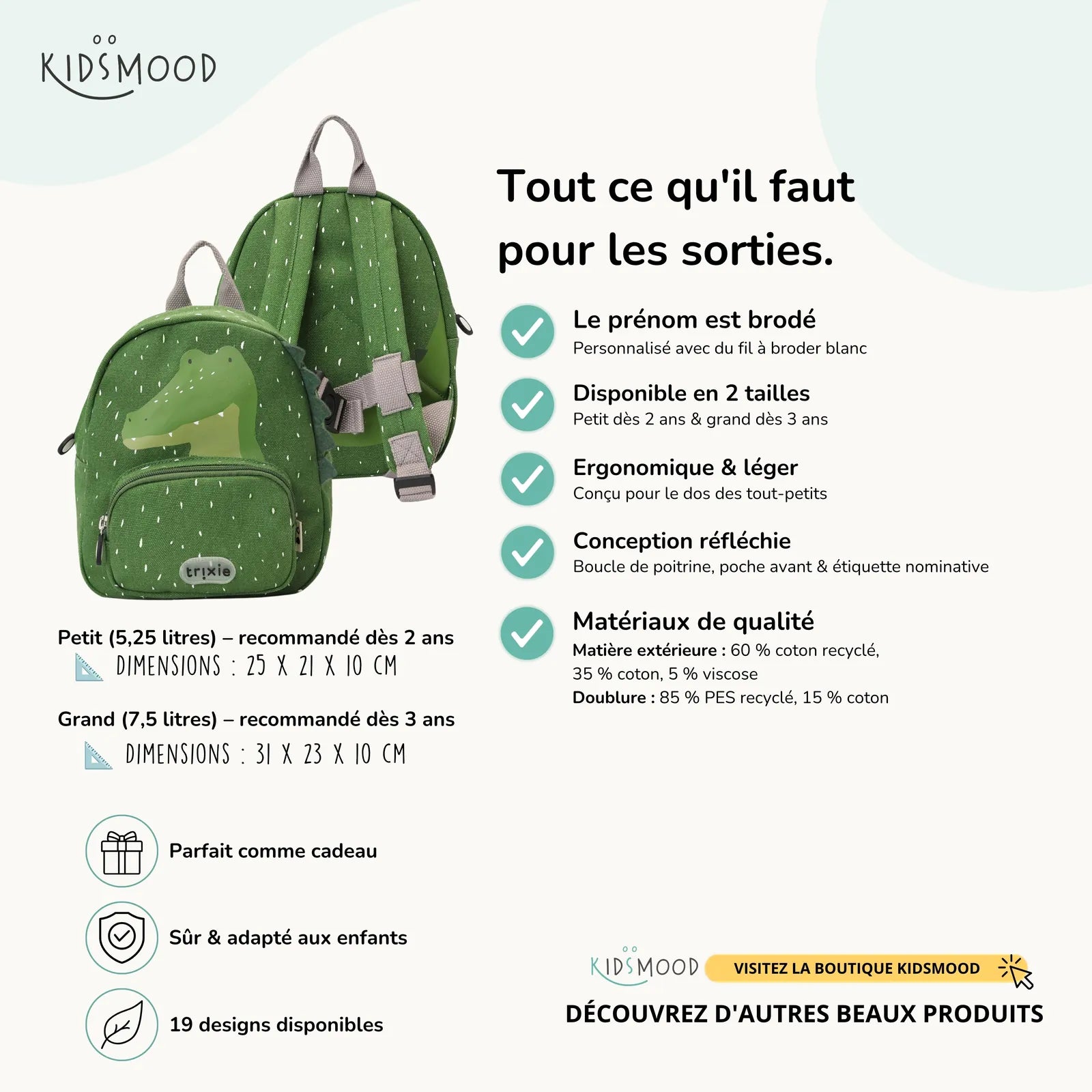 Sac à dos maternelle Trixie Crocodile personnalisé, prénom brodé — Kidsmood