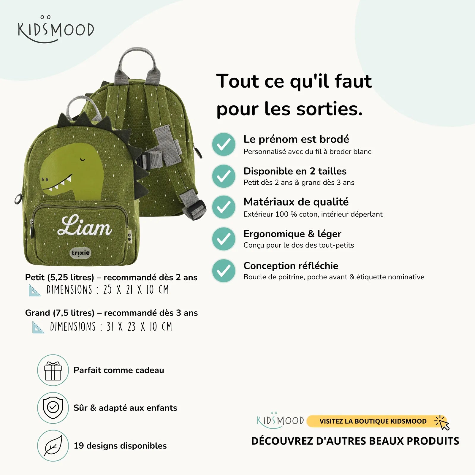 Sac à dos maternelle Trixie Dino personnalisé, prénom brodé — Kidsmood