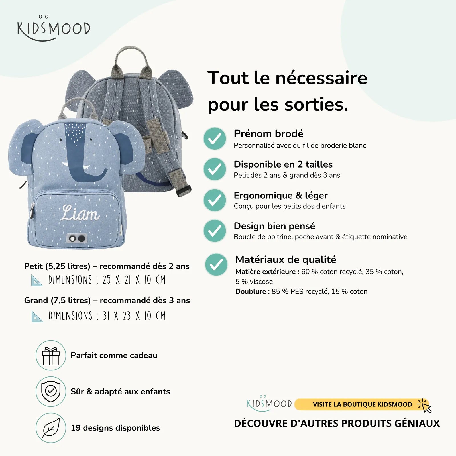 Sac à dos maternelle Trixie Éléphant personnalisé, prénom brodé — Kidsmood