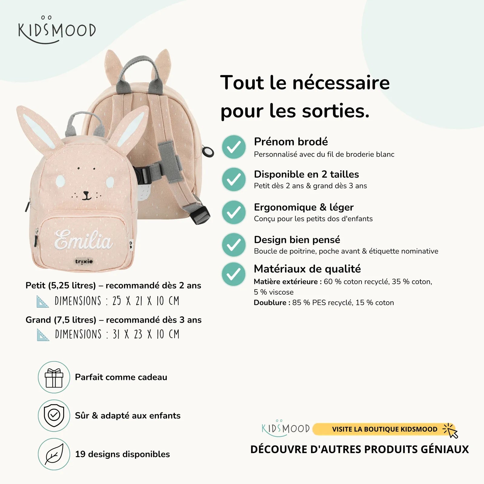 Sac à dos maternelle Trixie Lapin personnalisé, prénom brodé — Kidsmood