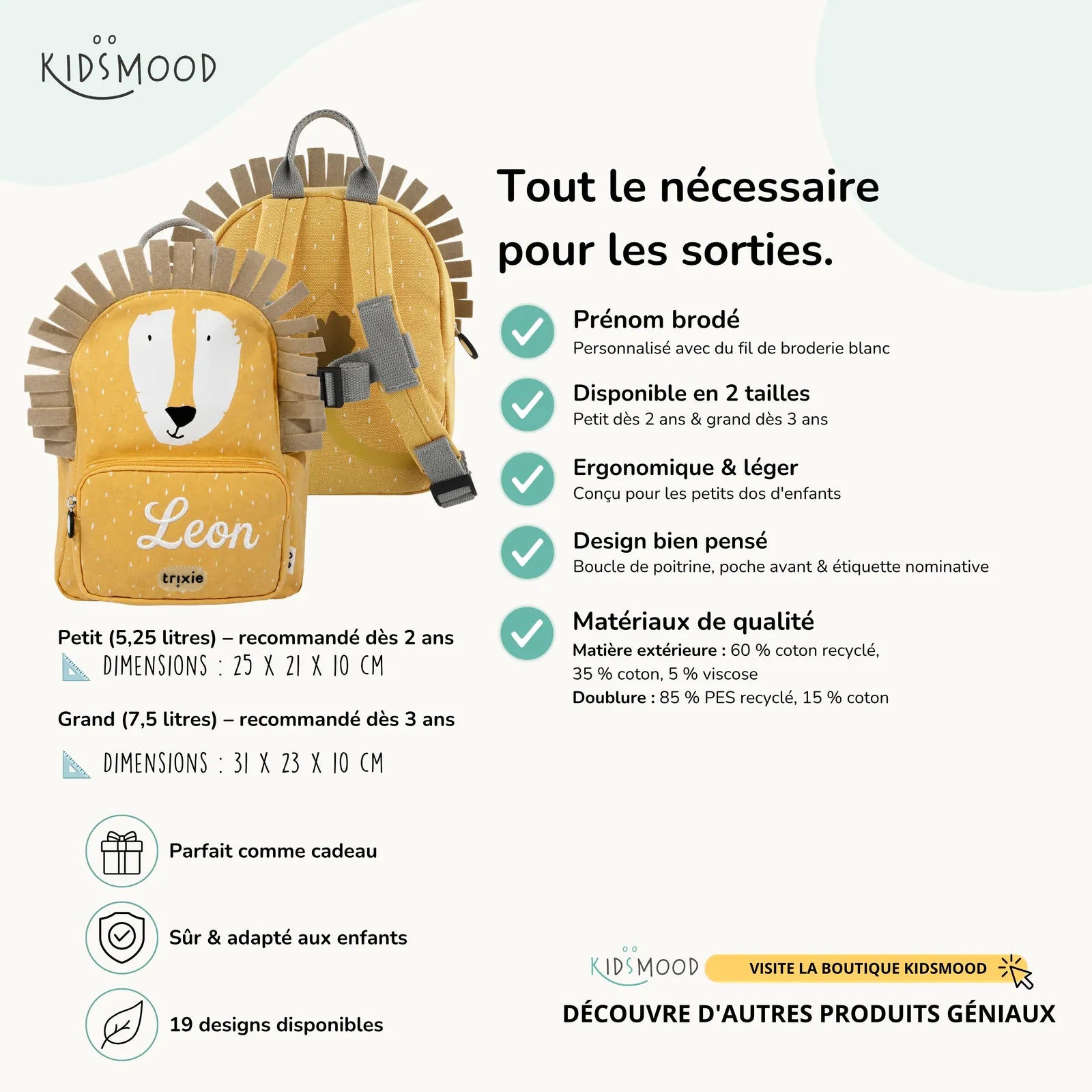 Sac à dos maternelle Trixie Lion personnalisé, prénom brodé — Kidsmood