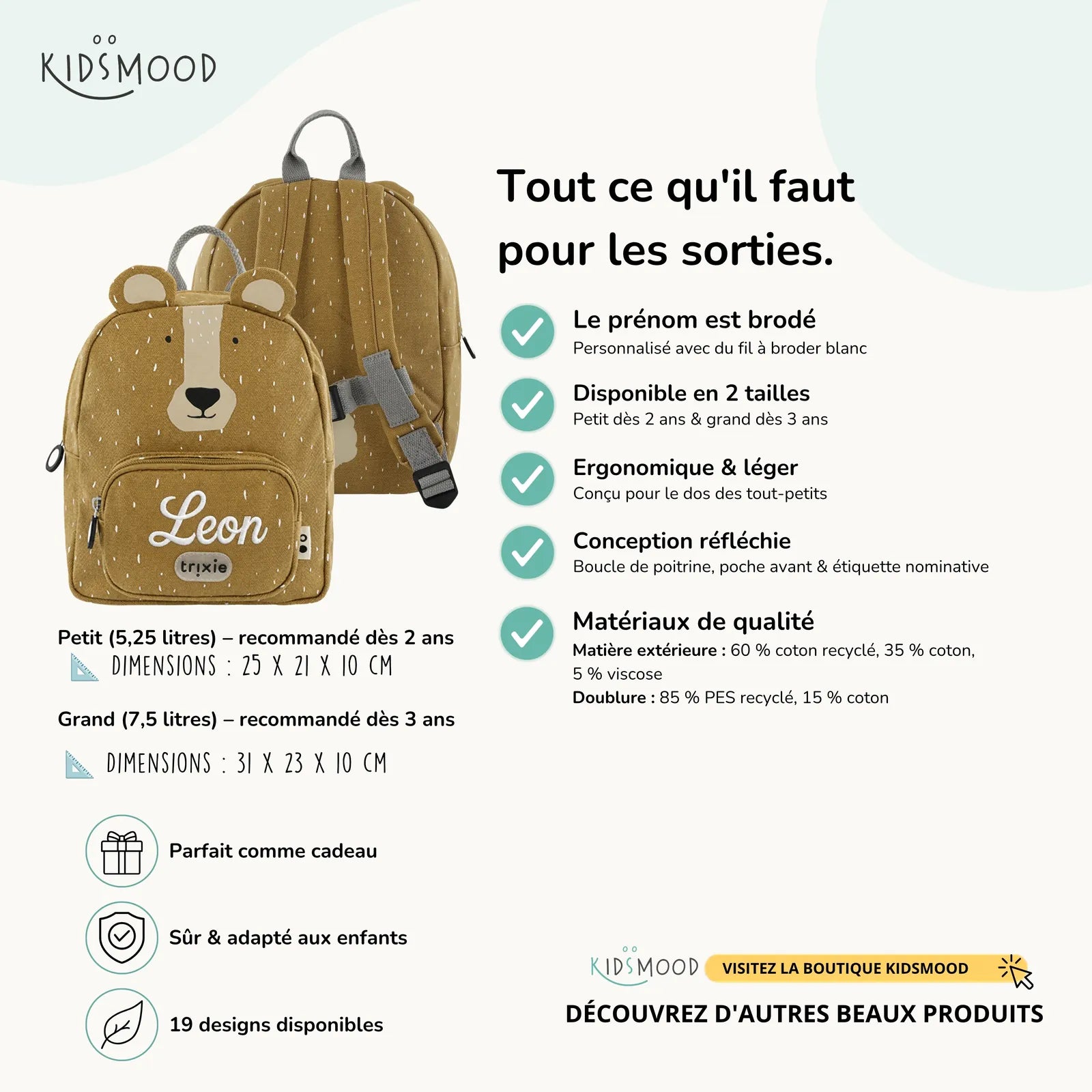 Sac à dos maternelle Trixie Ours personnalisé, prénom brodé — Kidsmood
