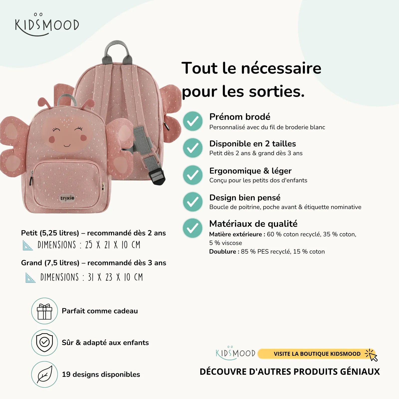 Sac à dos maternelle Trixie Papillon personnalisé, prénom brodé — Kidsmood