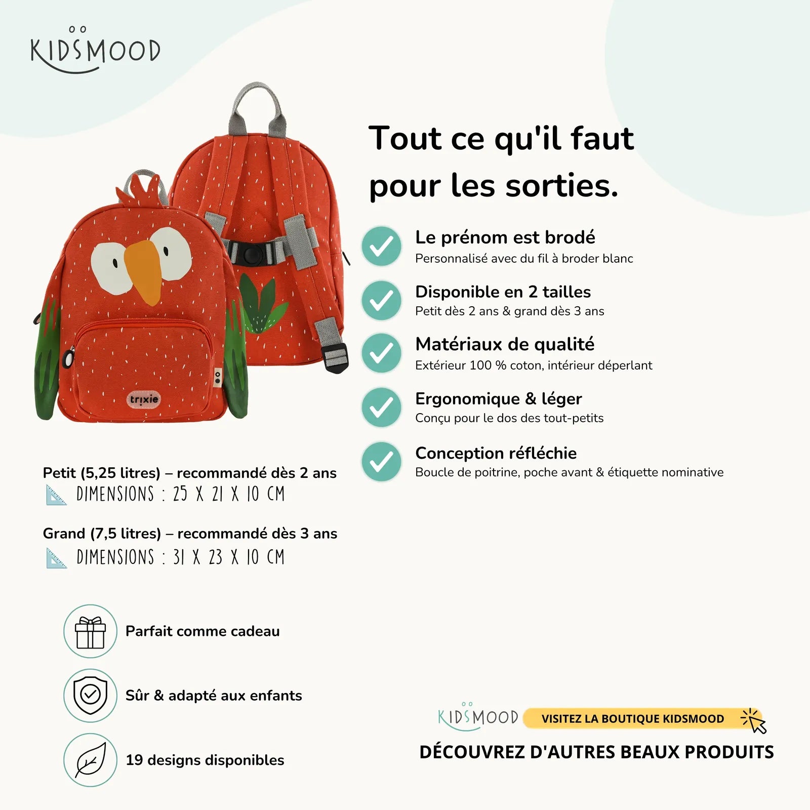 Sac à dos maternelle Trixie Perroquet personnalisé, prénom brodé — Kidsmood
