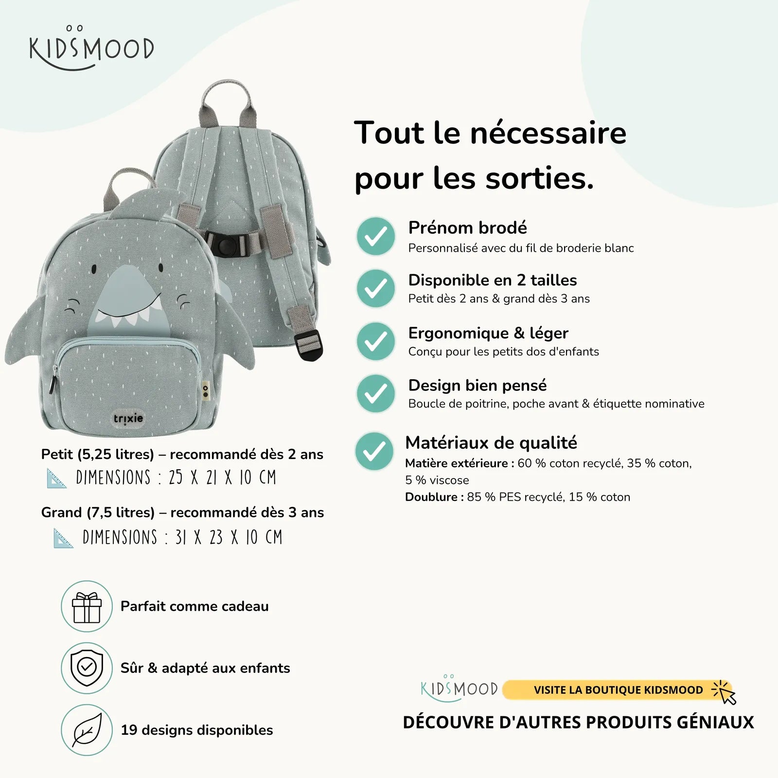 Sac à dos maternelle Trixie Requin personnalisé, prénom brodé — Kidsmood
