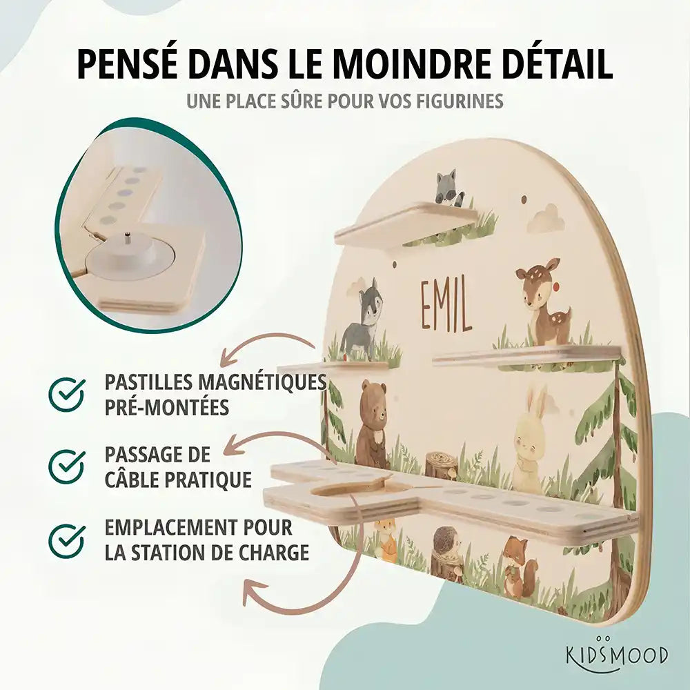 Étagère Toniebox personnalisée Animaux de la forêt – pastilles magnétiques, passage de câble et station de charge
