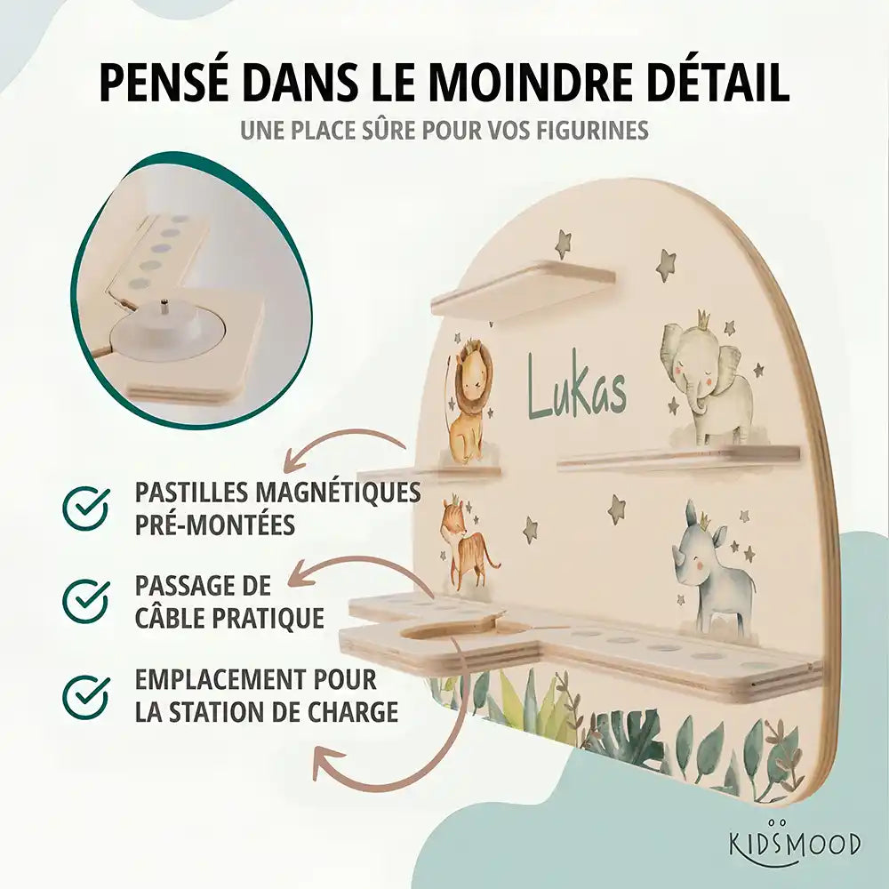 Étagère Toniebox personnalisée Famille jungle – pastilles magnétiques, passage de câble et station de charge