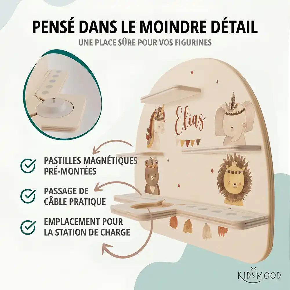 Étagère Toniebox personnalisée Animaux boho – pastilles magnétiques, passage de câble et station de charge