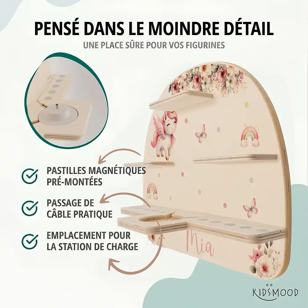 Étagère Toniebox personnalisée Licorne – pastilles magnétiques, passage de câble et station de charge