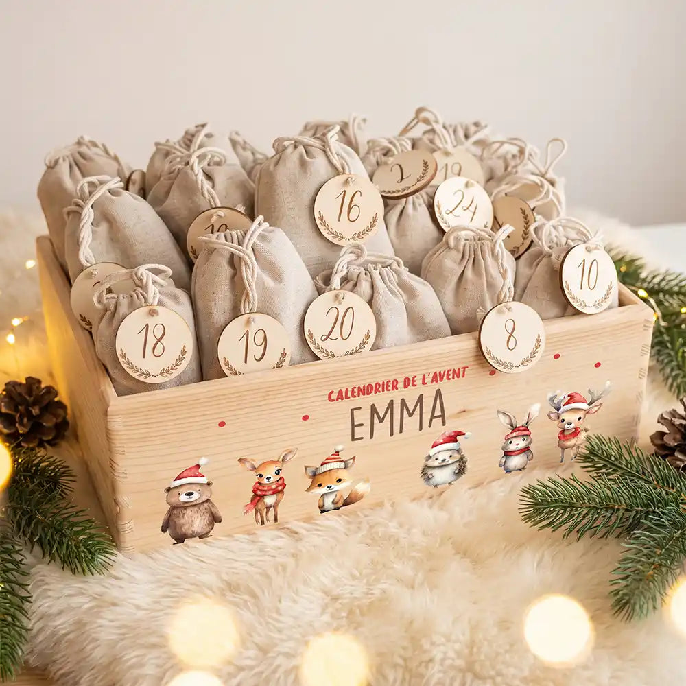 Calendrier de l'avent personnalisé, motif Défilé en bonnets — Caisse garnie des 24 sachets | Kidsmood