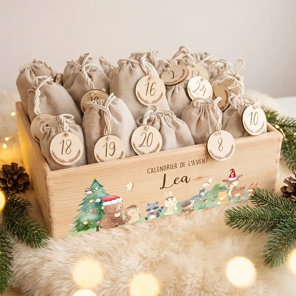 Calendrier de l'avent personnalisé, motif Famille de la forêt — Caisse garnie des 24 sachets | Kidsmood