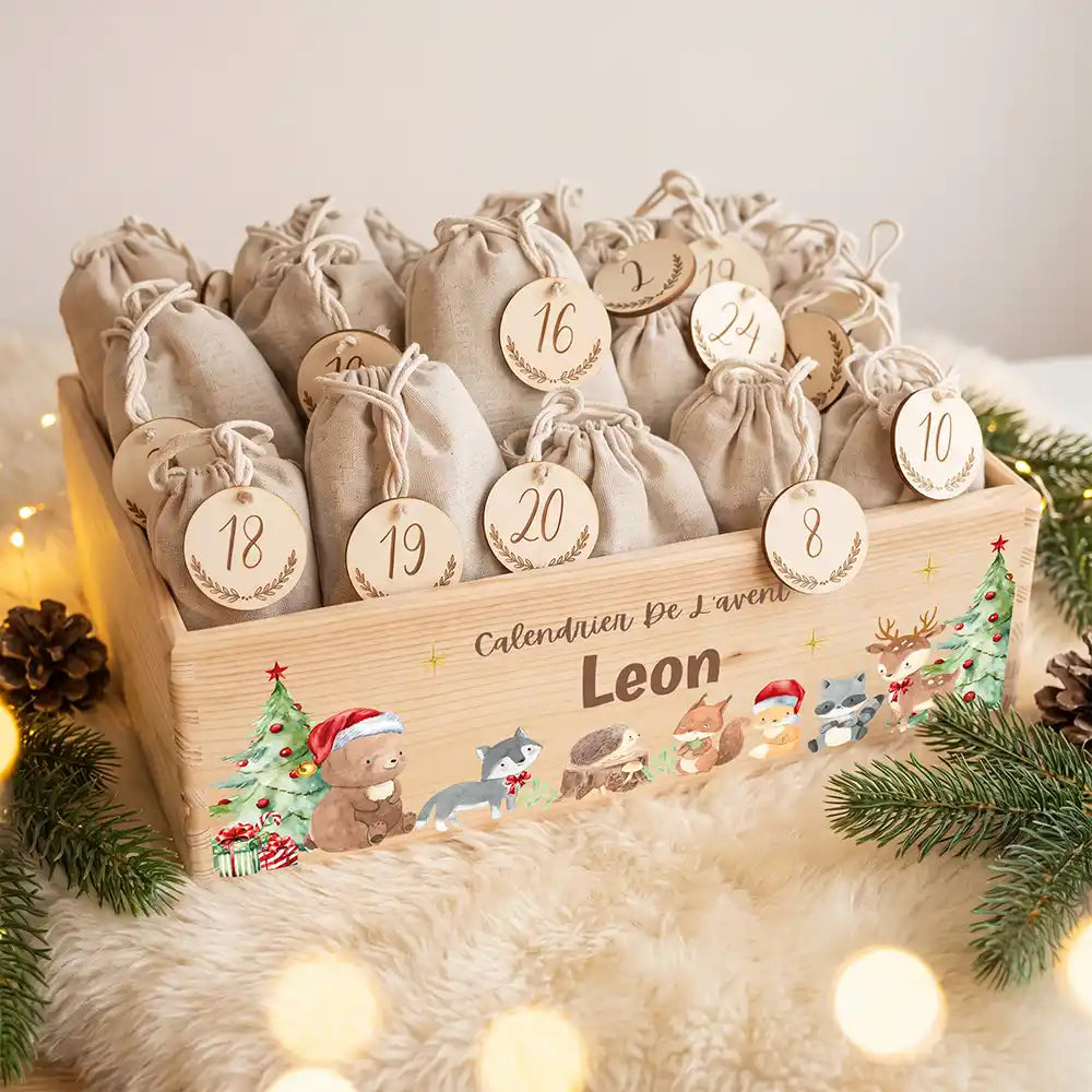 Calendrier de l'avent personnalisé, motif Forêt de Noël — Caisse garnie des 24 sachets | Kidsmood