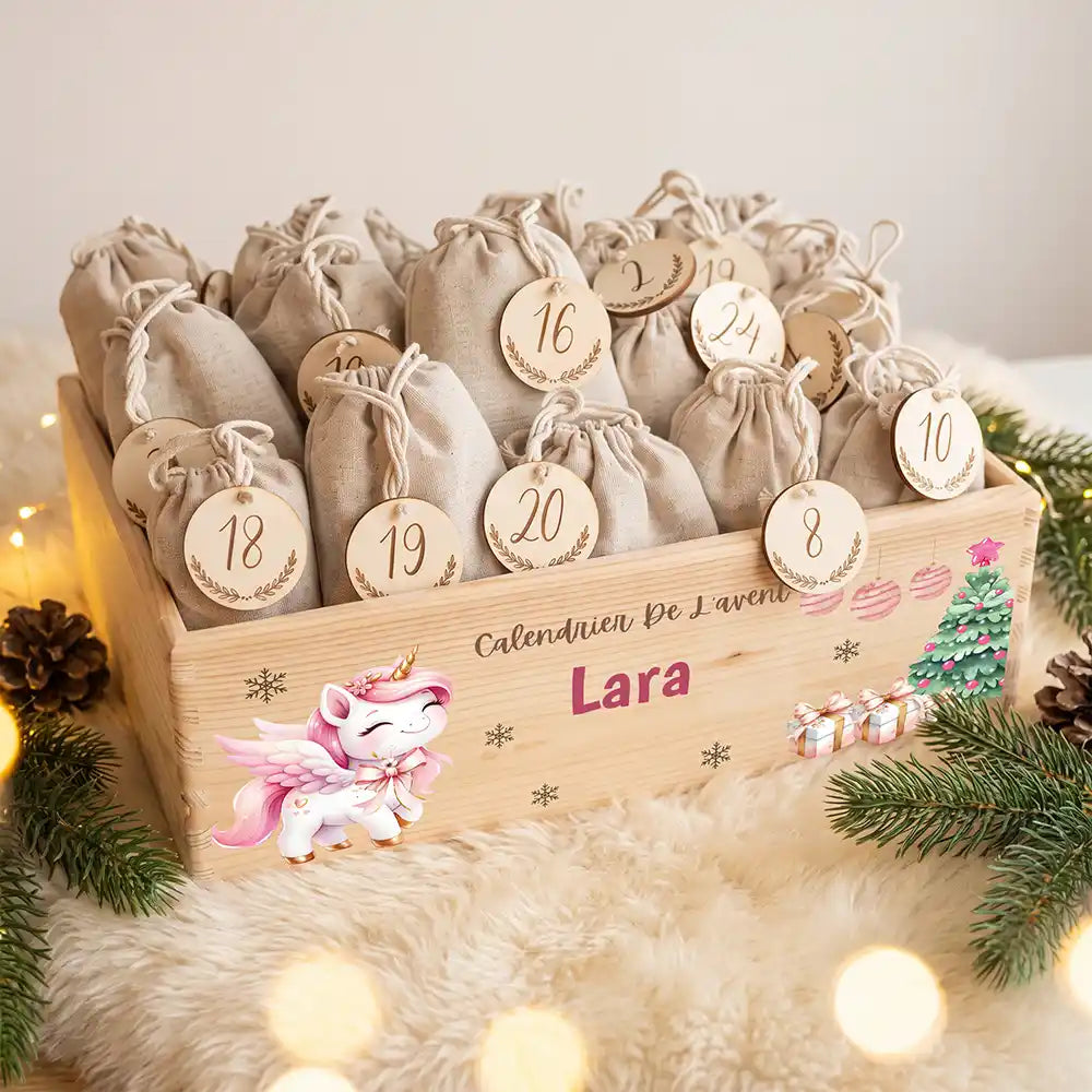 Calendrier de l'avent personnalisé, motif Licorne de Noël — Caisse garnie des 24 sachets | Kidsmood
