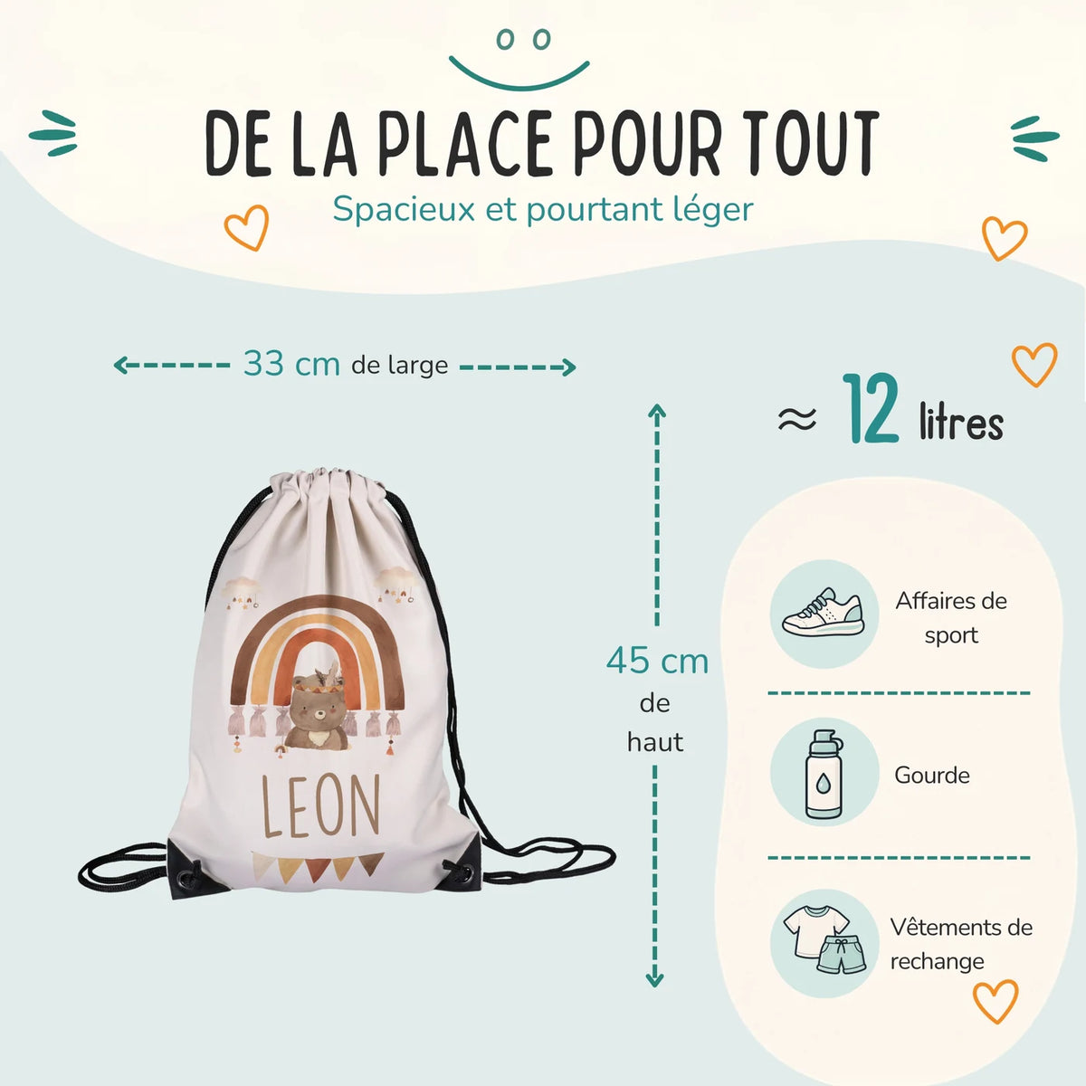 Sac de sport enfant 33 × 45 cm et environ 12 litres, motif arc-en-ciel bohème — Kidsmood