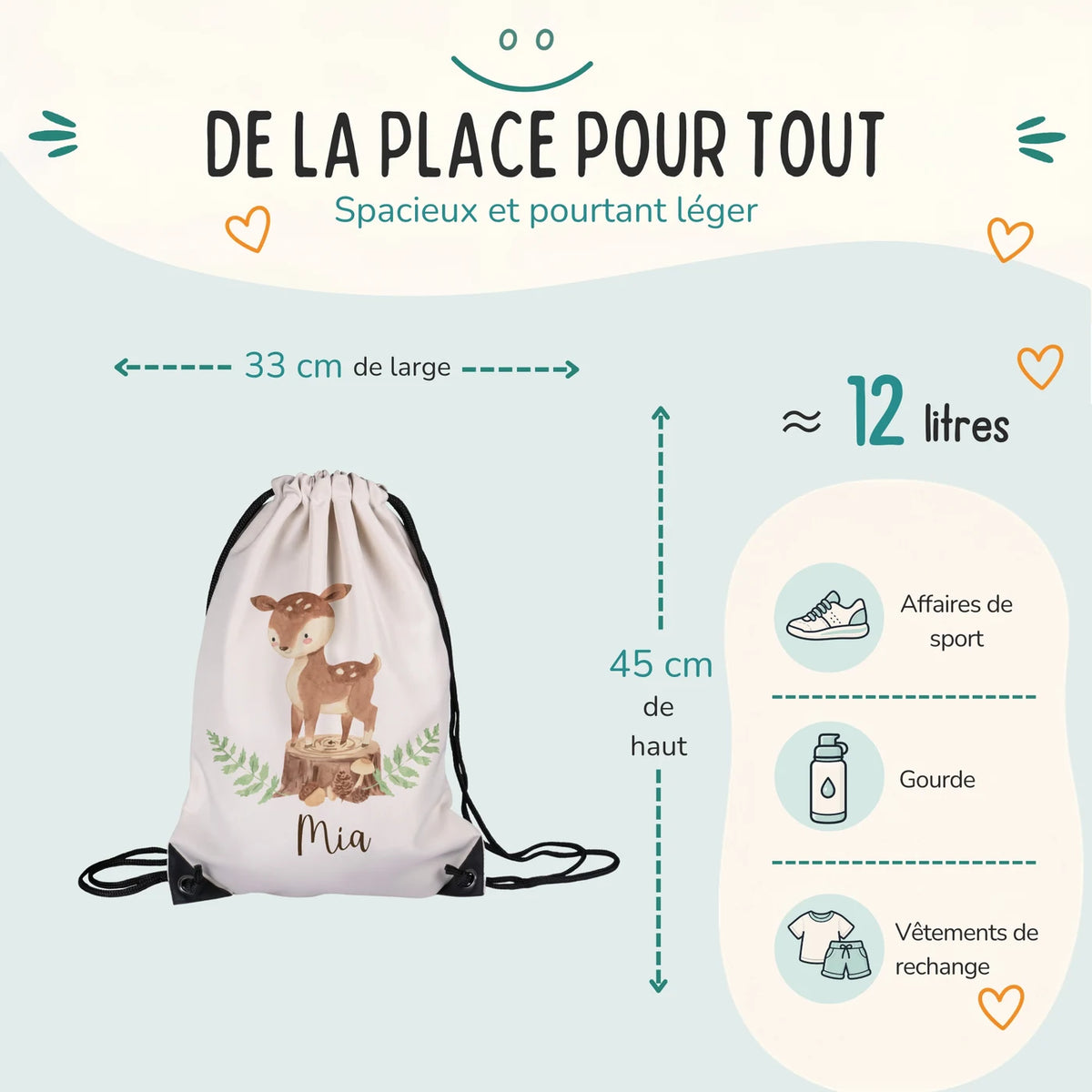 Sac de sport enfant 33 × 45 cm et environ 12 litres, motif faon des bois — Kidsmood