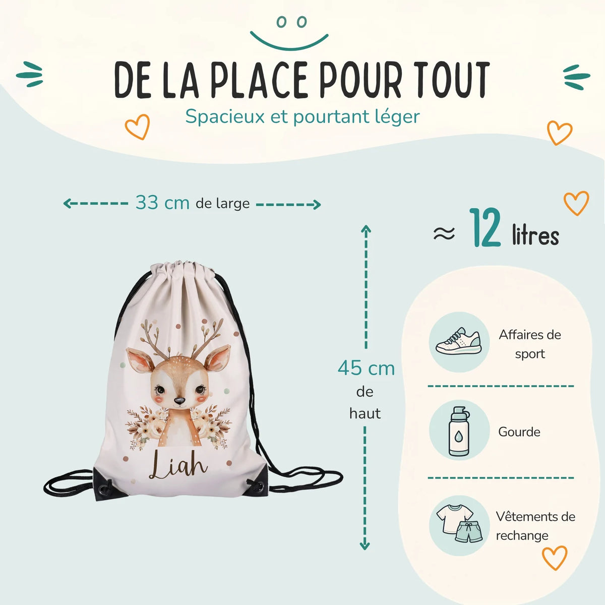 Sac de sport enfant 33 × 45 cm et environ 12 litres, motif faon fleuri — Kidsmood