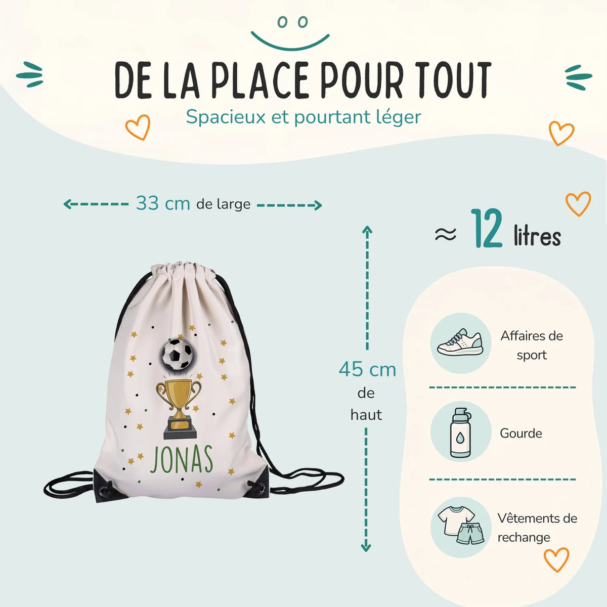 Sac de sport enfant 33 × 45 cm et environ 12 litres, motif football — Kidsmood