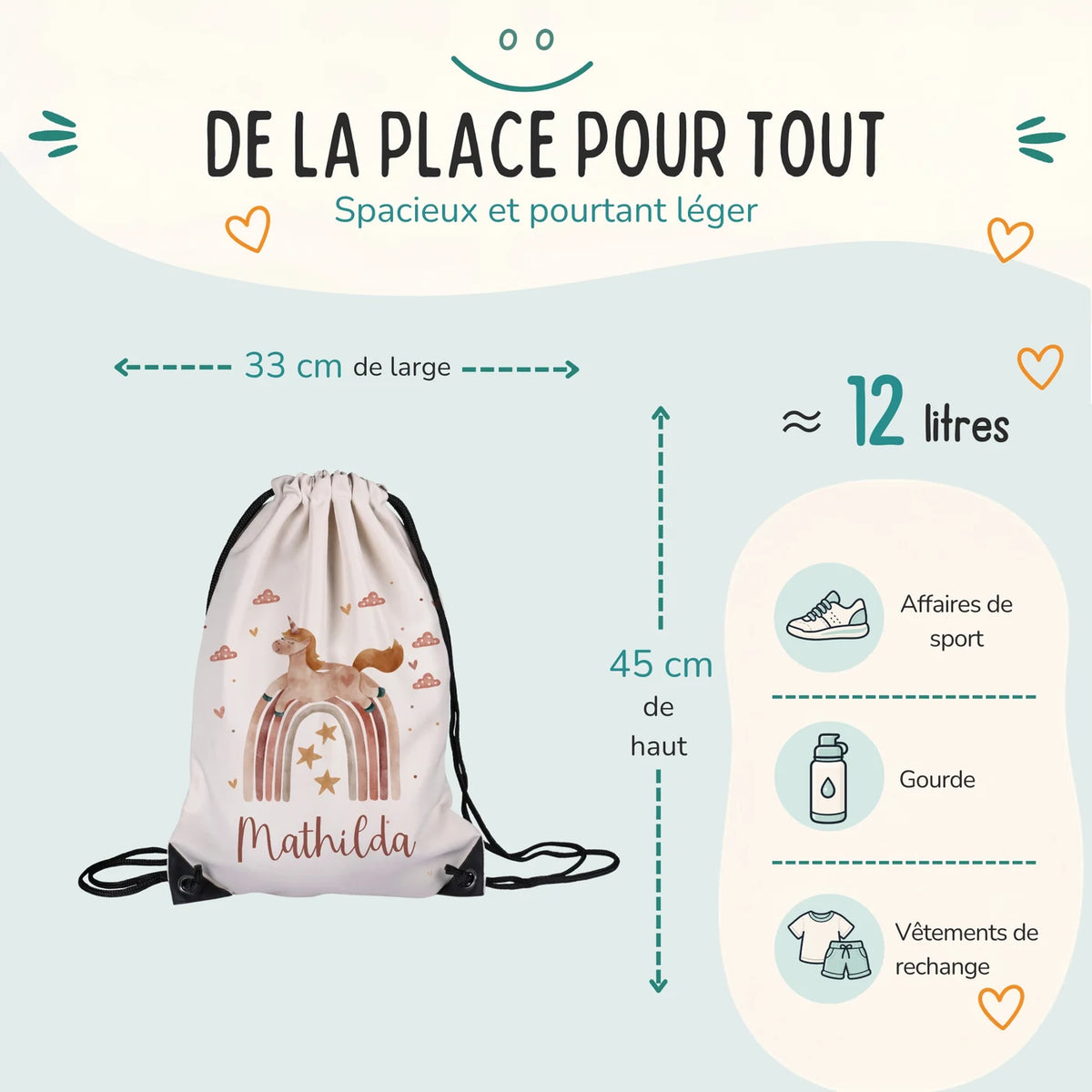 Sac de sport enfant 33 × 45 cm et environ 12 litres, motif licorne arc-en-ciel — Kidsmood
