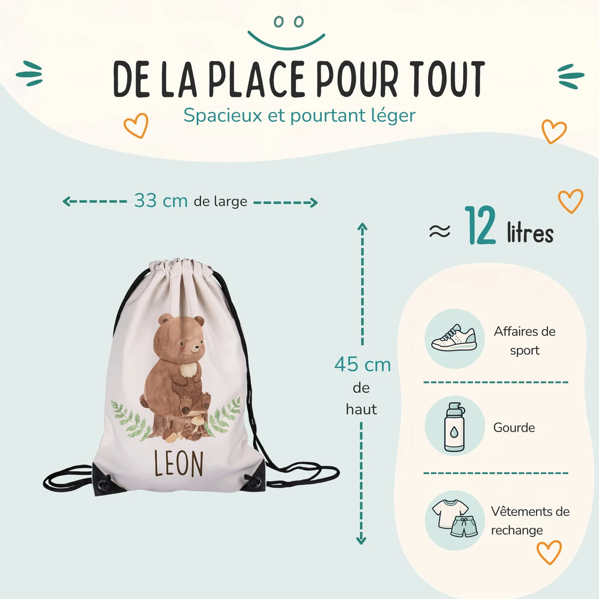Sac de sport enfant 33 × 45 cm et environ 12 litres, motif ours des bois — Kidsmood
