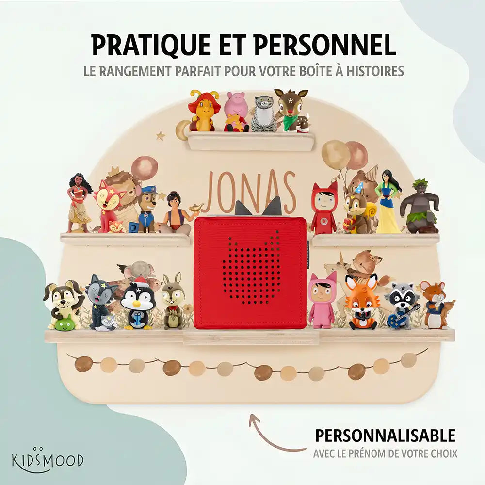 Étagère Toniebox personnalisée Animaux en fête – rangement pratique et personnalisé pour les figurines