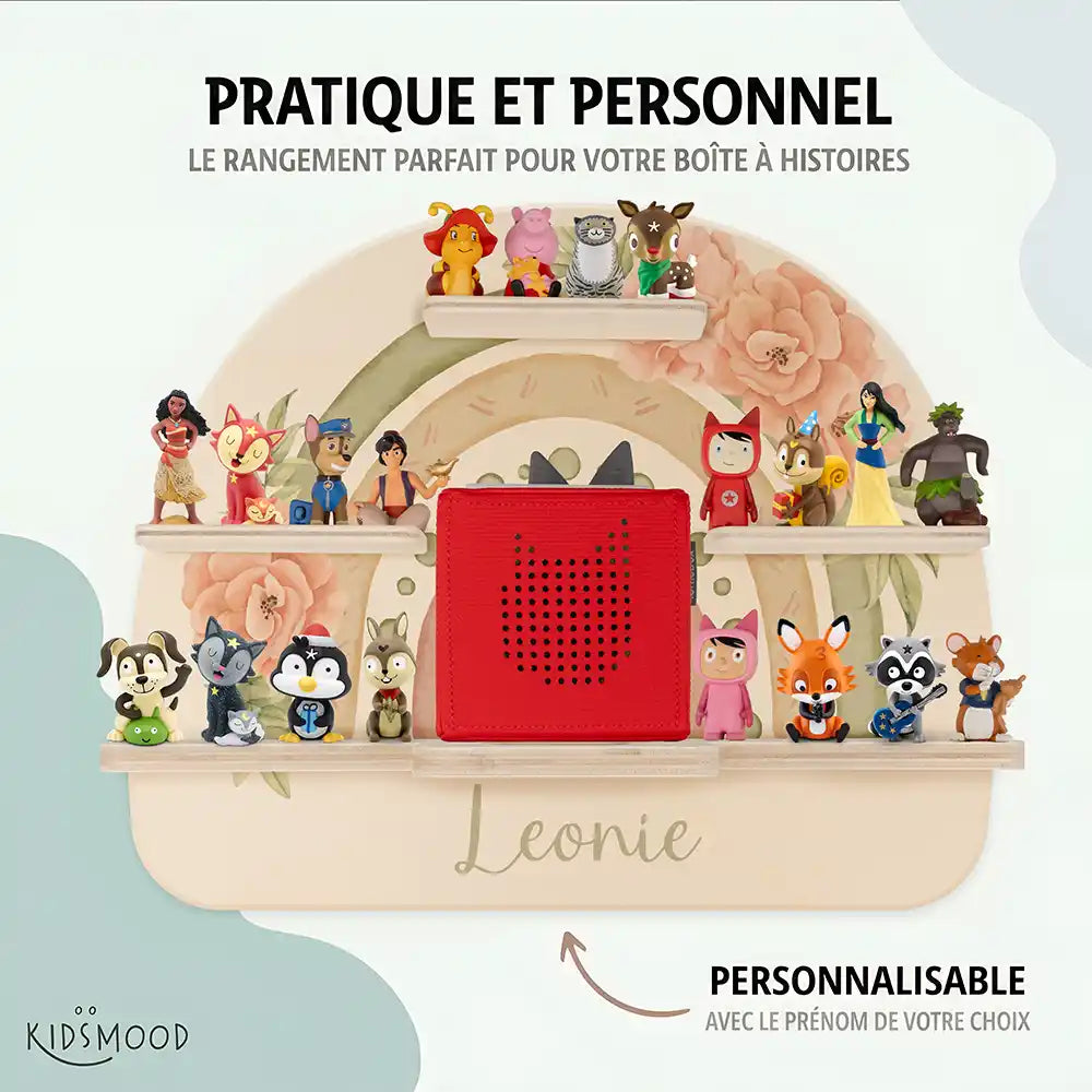 Étagère Toniebox personnalisée Arc-en-ciel fleuri – rangement pratique et personnalisé pour les figurines