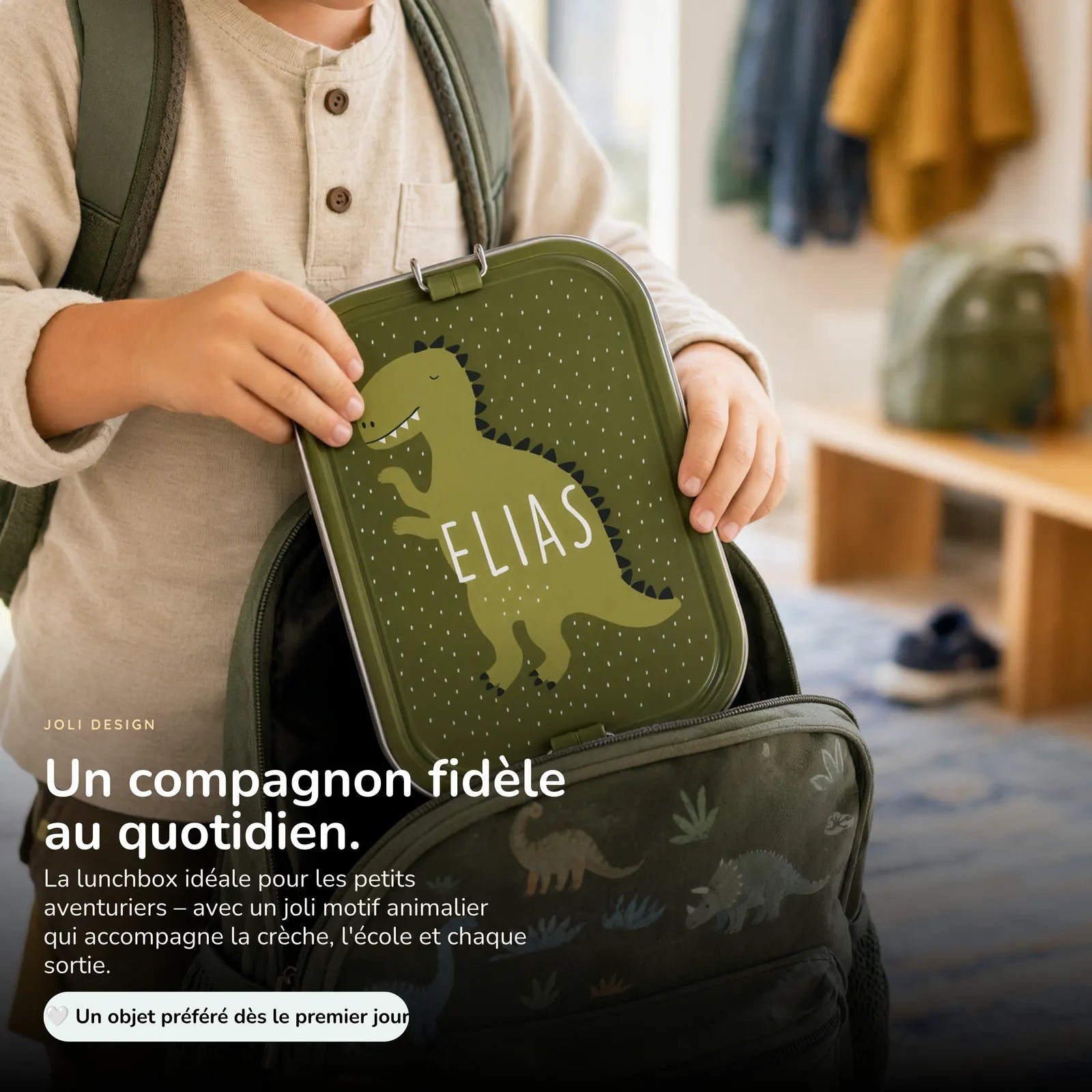 Boîte à goûter inox Dino personnalisée, prénom gravé — Kidsmood