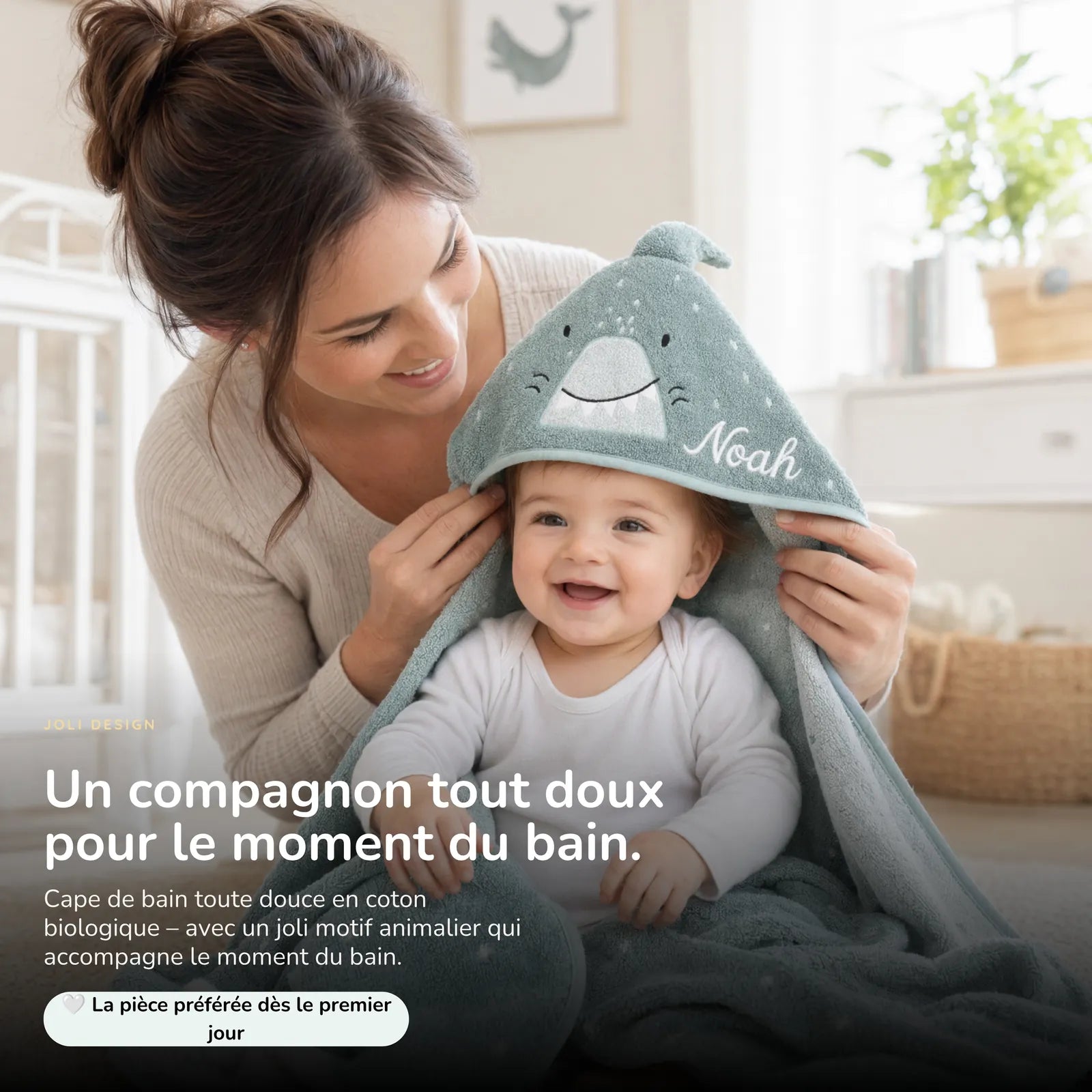 Cape de bain bébé Requin en coton biologique doux — Kidsmood