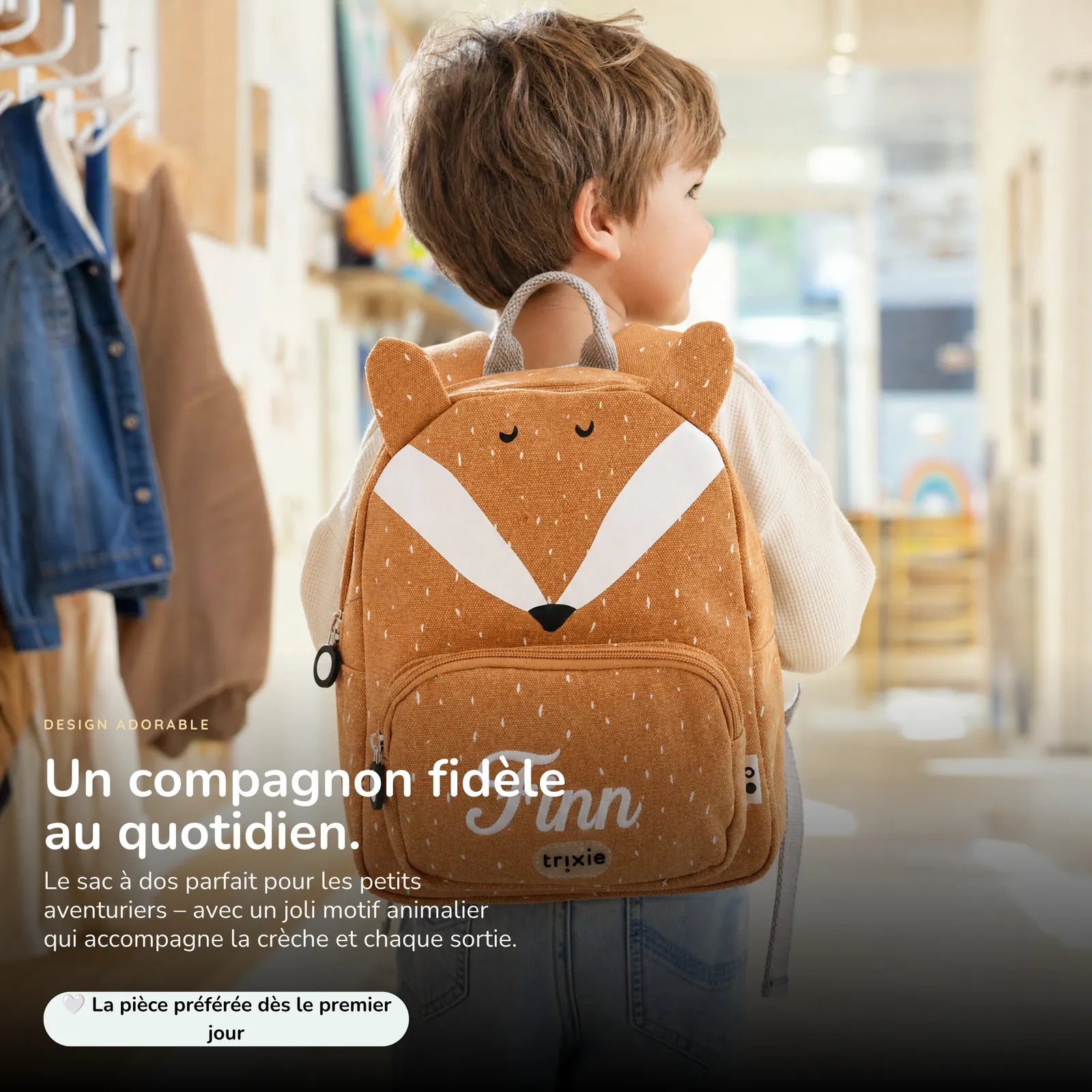 Sac à dos Renard porté, prénom brodé au fil blanc — Kidsmood