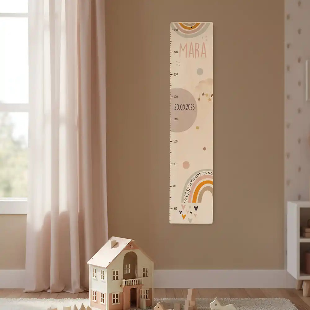 Toise enfant personnalisée Arc-en-ciel pastel – toise murale accrochée dans la chambre d'enfant