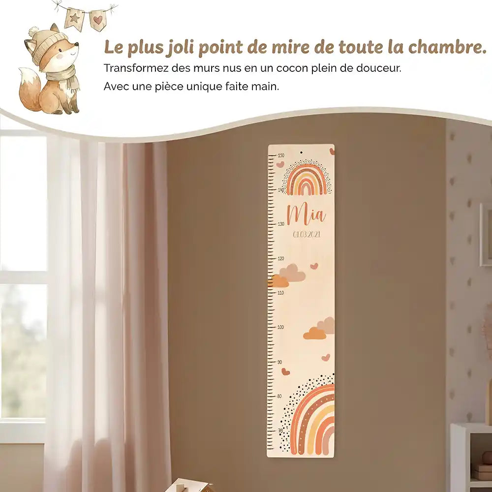 Toise enfant personnalisée Arc-en-ciel terracotta – jolie décoration murale pour la chambre d'enfant