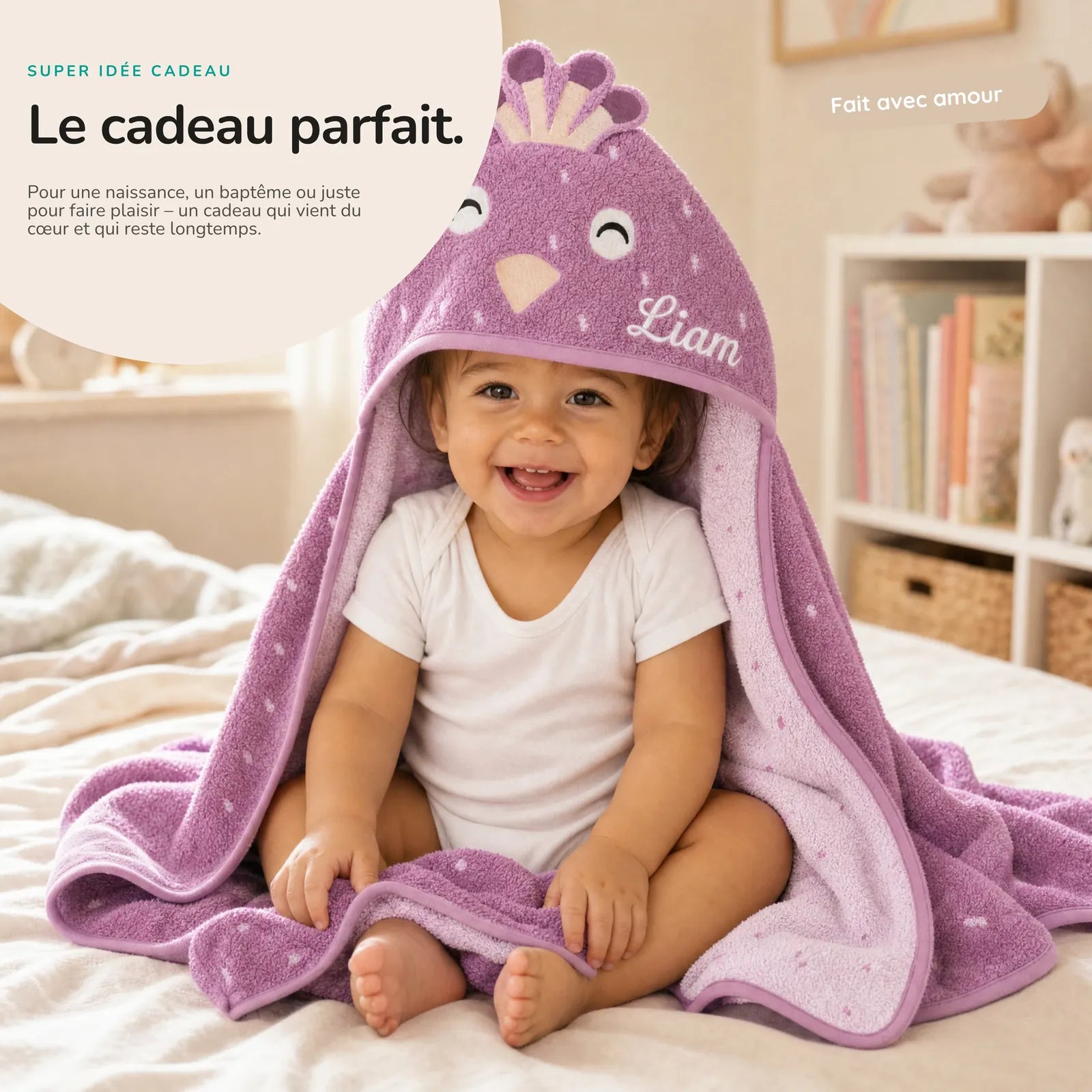 Cape de bain bébé motif Paon, capuche animal — Kidsmood
