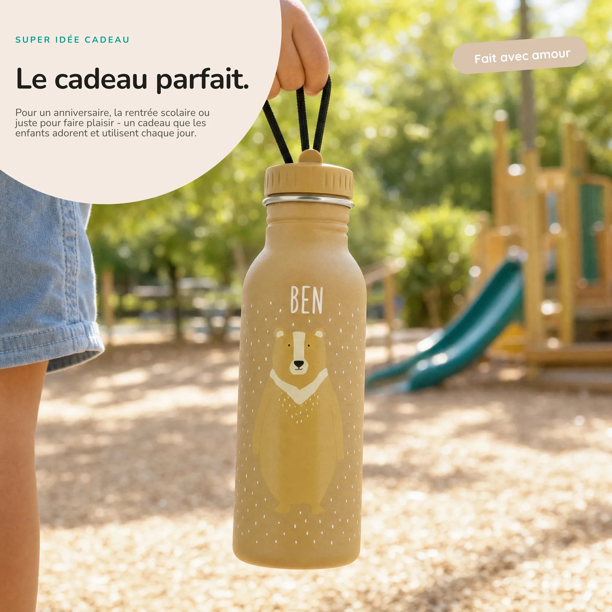 Gourde personnalisée prénom gravé au laser, motif Ours — Kidsmood