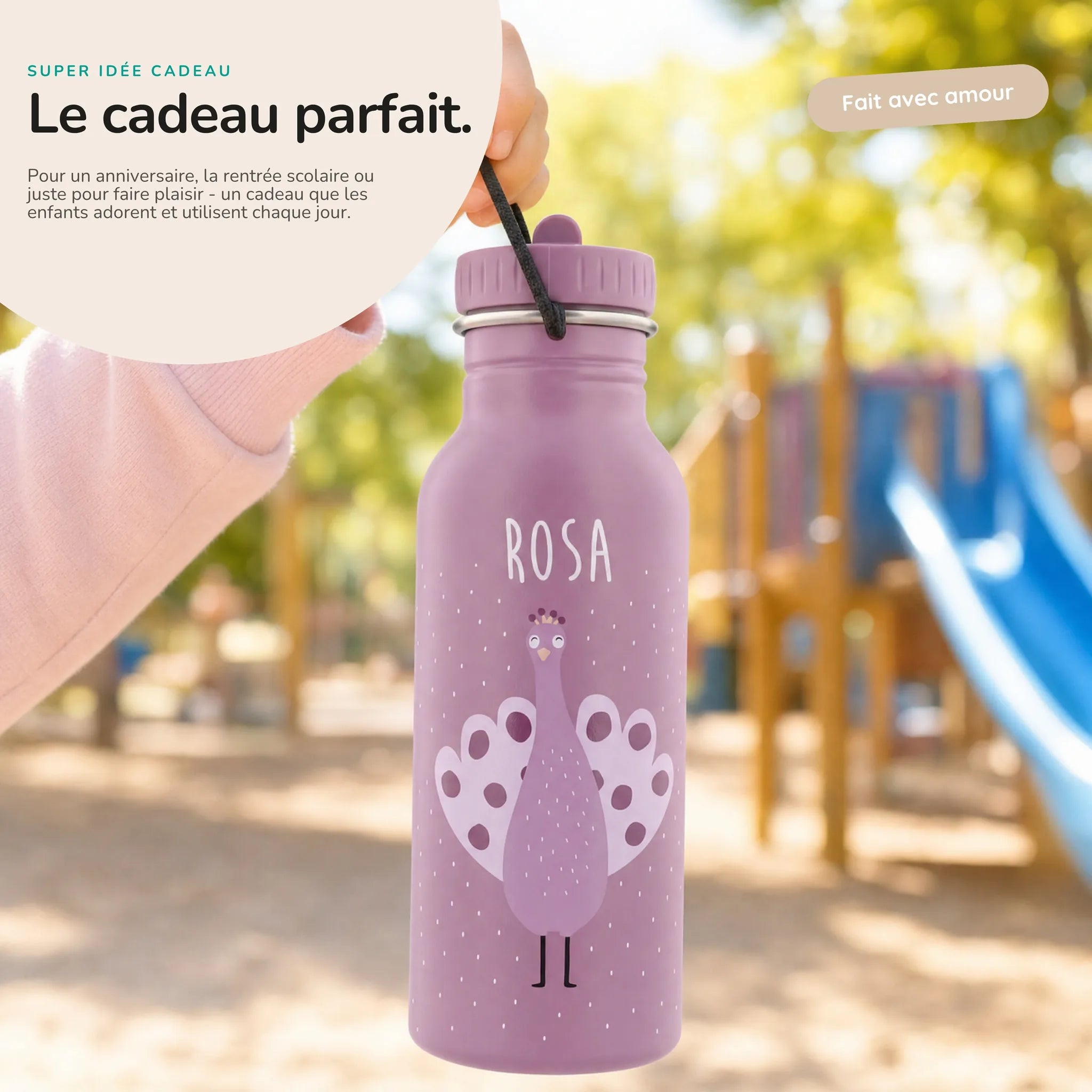 Gourde personnalisée prénom gravé au laser, motif Paon — Kidsmood